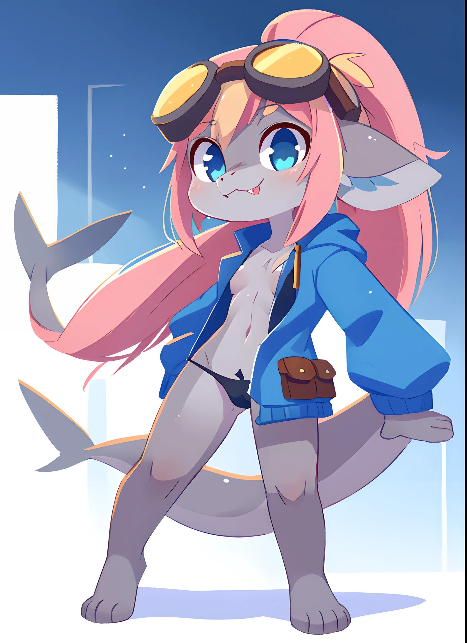 Shark girl, anthro, cute hair, long ponytail, two tone hair, blonde hair, pink hair, blue eyes, medium breasts, detailed body, furry ears, sleeveless blue jacket, open clothes, black micro bikini, masterpiece, looking at you, two tone body skin, gray body skin, clear gray body skin, detailed face, detailed eyes, detailed body, simple background, white background, detailed hands, glistering body, shiny body, skinny, spectacular effect, goggles, fangs, :3, full body, cute stance, feets whit three toes,