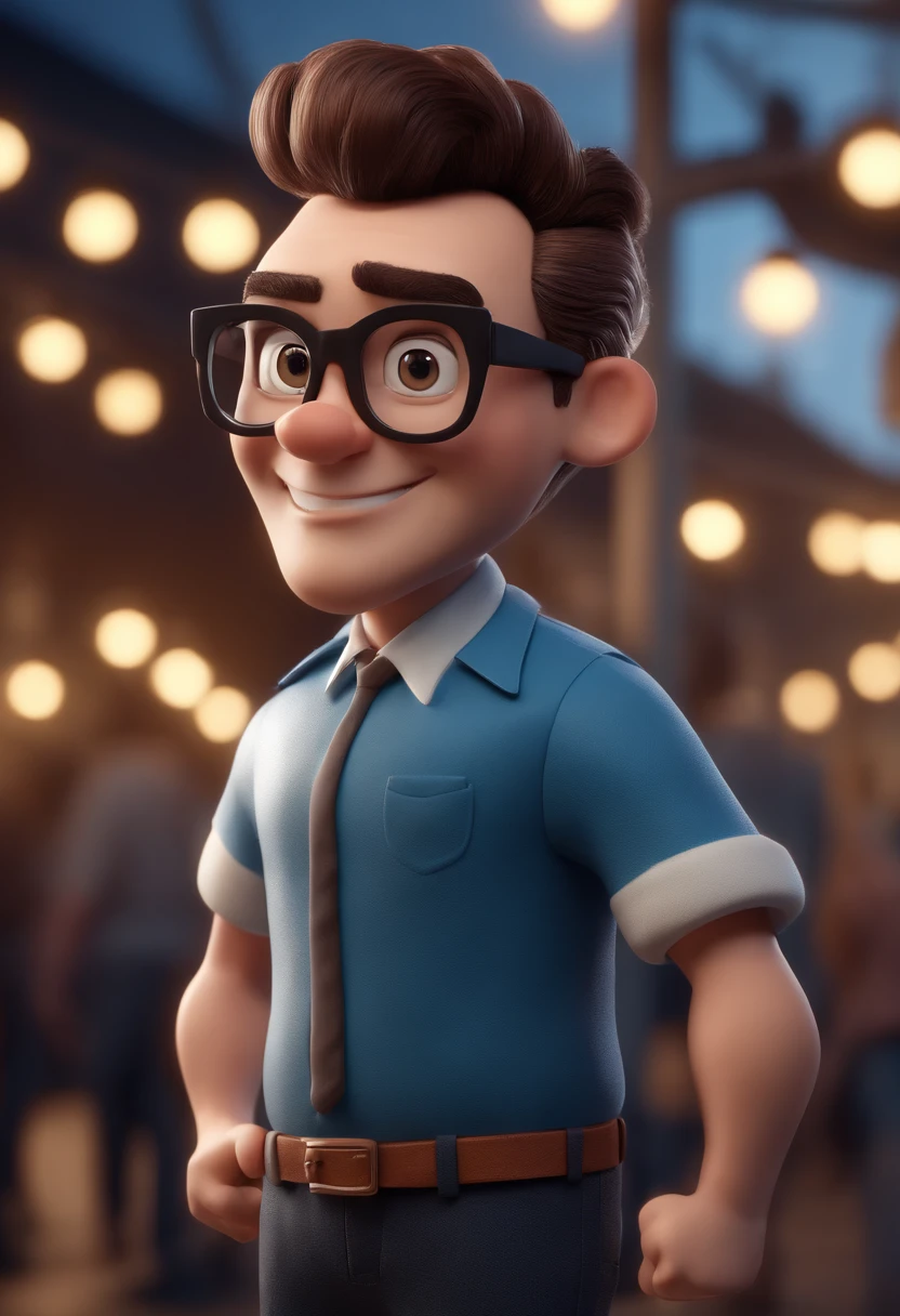Cartoon character of a man with black glasses and a blue shirt, animation character, Caractere estilizado, animation style rendering, 3D estilizado, Arnold Maya render, 3 d render stylized, toon render keyshot, Personagem 3D, Personagem 3D, 3d rendering stylized, 3 d character render, personagem de desenho animado, Personagem de close up, Pose de personagem,  (Estilo Pixar) (master part:1.2) (Bokeh) (best quality) (pele detalhada) (textura detalhada) (8k) (argila) (Cinematic lighting) (foco nítido