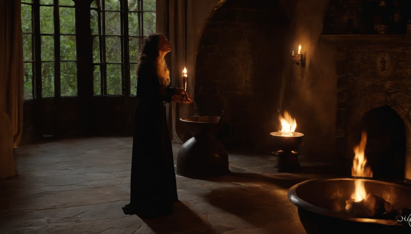 Em uma noite de lua cheia, in a room lit only by the soft silvery light shining through a tall, narrow window, A powerful witch stands before a cast-iron cauldron. She wears a long, dark robe adorned with mystical symbols, And on the top of your head, ela usa um chapeu pontudo, Characteristic of witches. Os cabelos da bruxa caem em cachos prateados sobre seus ombros, And your eyes sparkle with a magical intensity. In one of your hands, ela segura uma varinha de madeira entalhada, That she skilfully shakes over the cauldron. The liquid inside the cauldron begins to bubble and emit an ethereal light, Creating a bewitched atmosphere in the room.