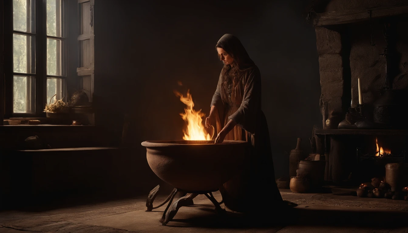 Em uma noite de lua cheia, in a room lit only by the soft silvery light shining through a tall, narrow window, A powerful witch stands before a cast-iron cauldron. She wears a long, dark robe adorned with mystical symbols, And on the top of your head, ela usa um chapeu pontudo, Characteristic of witches. Os cabelos da bruxa caem em cachos prateados sobre seus ombros, And your eyes sparkle with a magical intensity. In one of your hands, ela segura uma varinha de madeira entalhada, That she skilfully shakes over the cauldron. The liquid inside the cauldron begins to bubble and emit an ethereal light, Creating a bewitched atmosphere in the room.