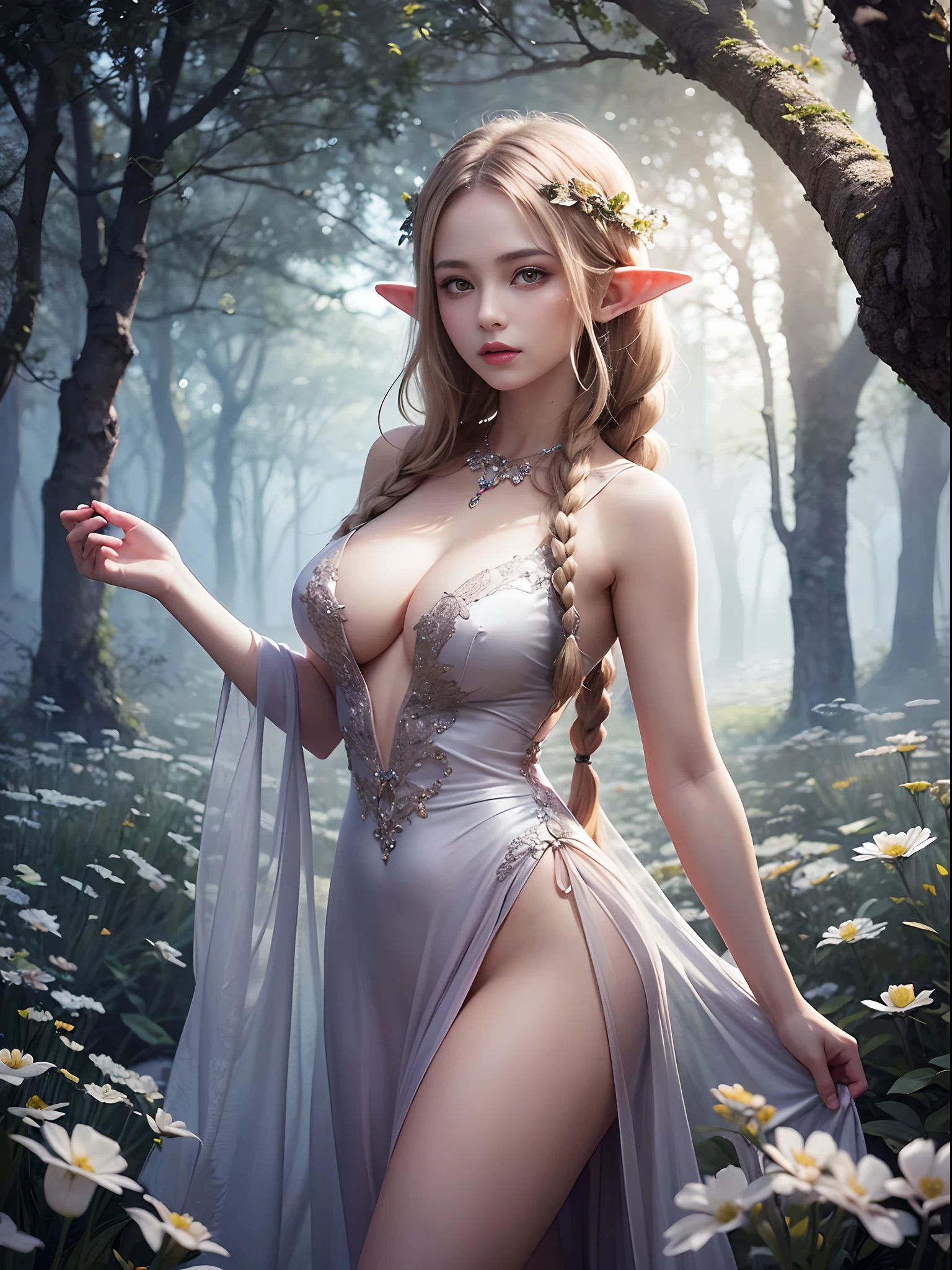 Graceful elven girl standing in the meadow, A delicate face illuminated by the soft light of the setting sun. Her long, Flowing hair flows down the back, Decorated with intricate braids、Adorned with sparkling gemstones. This stunning painting is、It captures the ethereal beauty of elves. Her slender figure in a silk dress、Swaying in the soft meadow breeze. Attention to detail、It is evident in the intricate patterns of the dress and the subtle highlights of the luminescence. skin. The breathtaking portrayal of the elven girl is、Create an enchanting atmosphere、It invites the viewer to a magical world.