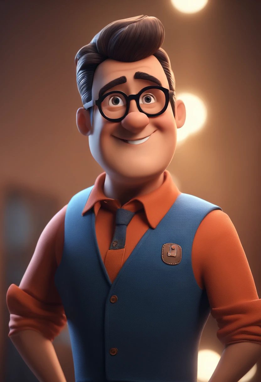 Cartoon character of a man wearing black glasses and a blue shirt, um personagem animado, Caractere estilizado, animation style rendering, 3D estilizado, Arnold Maya render, 3 d render stylized, toon render keyshot, Personagem 3D, Personagem 3D, 3d rendering stylized, 3 d character render, personagem de desenho animado, Personagem de close up, Pose de personagem, (Estilo Pixar) (master part:1.2) (Bokeh) (best quality) (pele detalhada) (textura detalhada) (8k) (argila) (Cinematic lighting) (foco nítido，Senta e vaza a parte superior do corpo