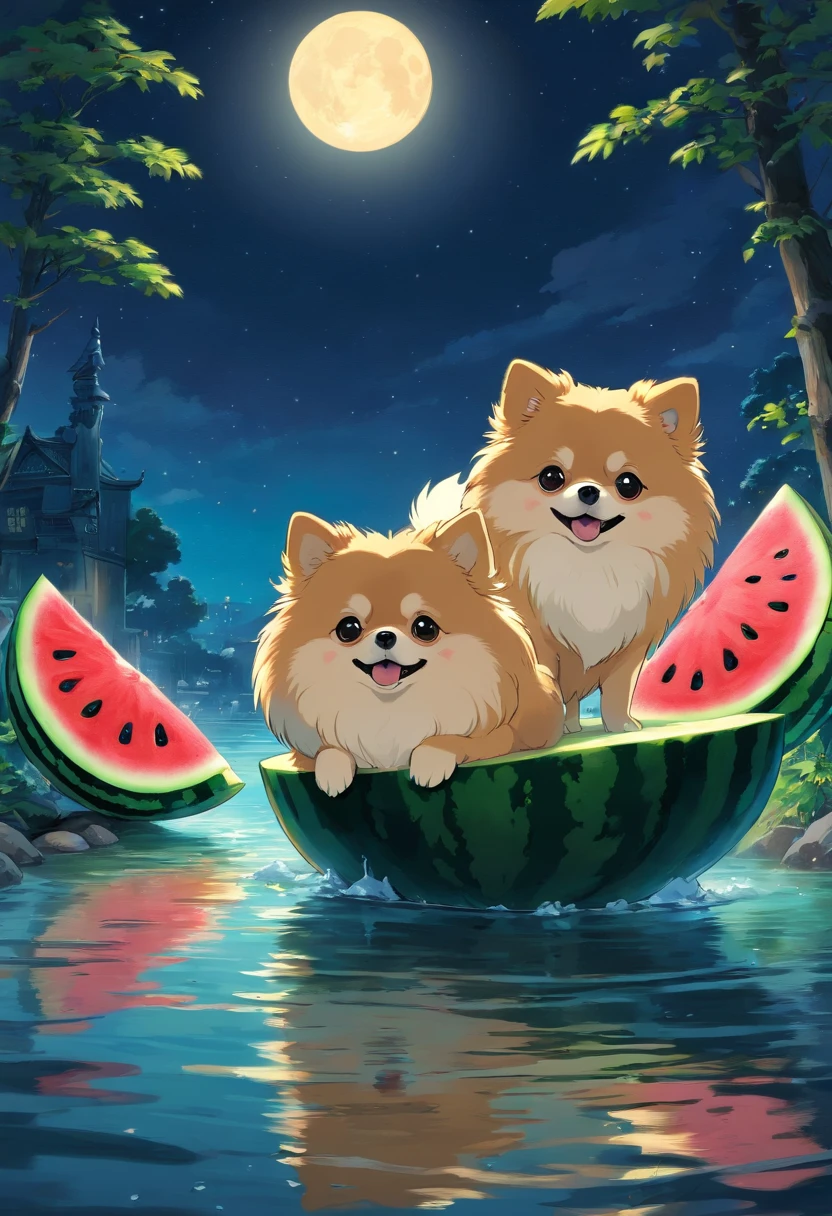 Pomeranian, black and tan, the night , winter , water melon