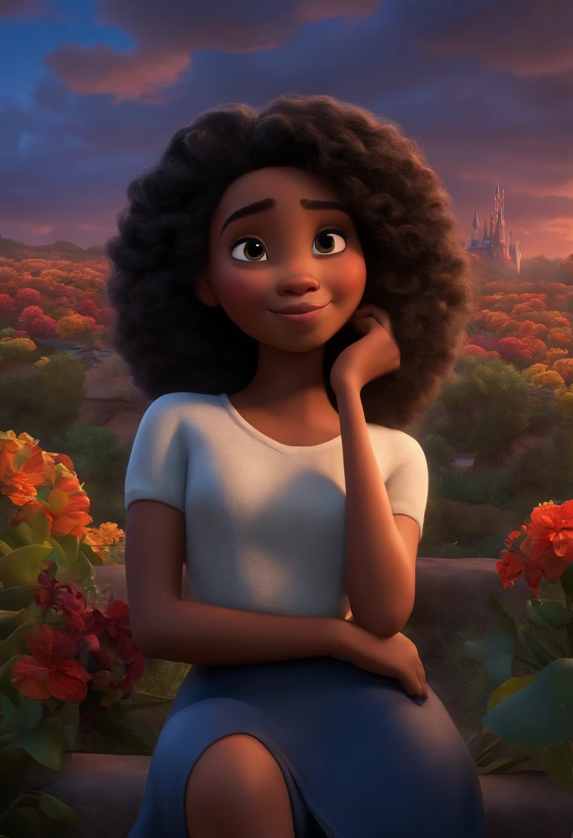 Um filme inspirado na Disney Pixar (MENINA NEGRA JOVEM COM CABELO LONGO CACHEADO PRETO) dentro A cena estar na arte distinta do estilo PIXAR, descolada e estilosa