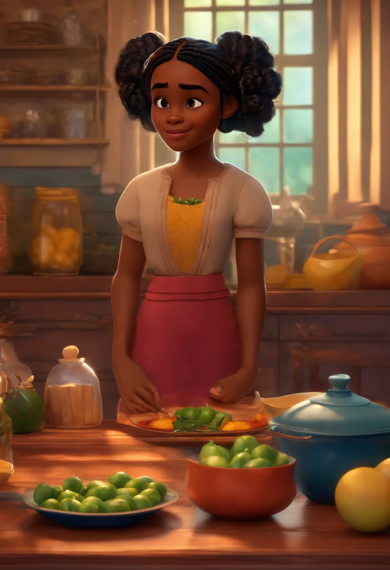 Um filme inspirado na Disney Pixar (YOUNG BLACK GIRL WITH BLACK BRAIDED HAIR,nariz fino,olhos pequenos) dentro A cena estar na arte distinta do estilo PIXAR, descolada e estilosa