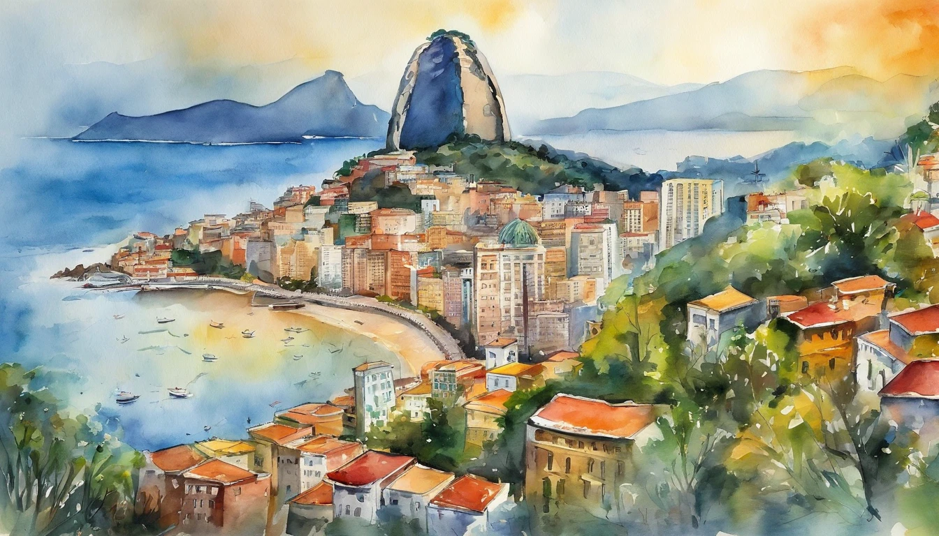 Rio de Janeiro no estilo Elysium Disco, aquarela expressionista. Destaque para o Cristo Redentor, contemporary (Mac), Vista frontal, Fachada, High definition