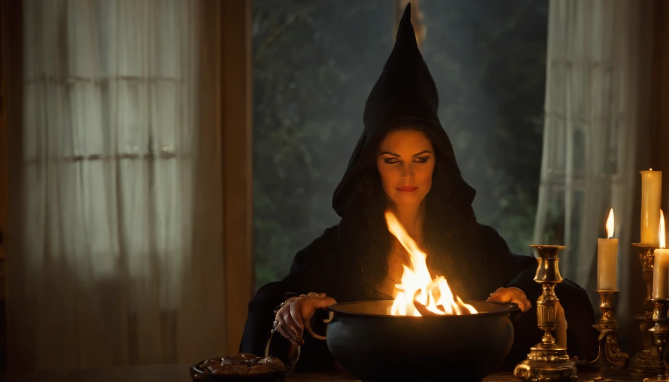 Em uma noite de lua cheia, in a room lit only by the soft silvery light shining through a tall, narrow window, A powerful witch stands before a cast-iron cauldron. She wears a long, dark robe adorned with mystical symbols, And on the top of your head, ela usa um chapeu pontudo, Characteristic of witches. Os cabelos da bruxa caem em cachos prateados sobre seus ombros, And your eyes sparkle with a magical intensity. In one of your hands, ela segura uma varinha de madeira entalhada, That she skilfully shakes over the cauldron. The liquid inside the cauldron begins to bubble and emit an ethereal light, Creating a bewitched atmosphere in the room.