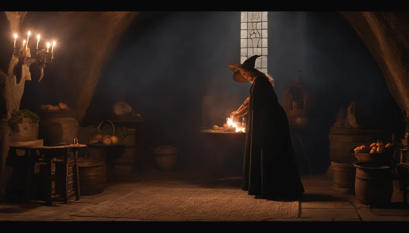 Em uma noite de lua cheia, in a room lit only by the soft silvery light shining through a tall, narrow window, A powerful witch stands before a cast-iron cauldron. She wears a long, dark robe adorned with mystical symbols, And on the top of your head, ela usa um chapeu pontudo, Characteristic of witches. Os cabelos da bruxa caem em cachos prateados sobre seus ombros, And your eyes sparkle with a magical intensity. In one of your hands, ela segura uma varinha de madeira entalhada, That she skilfully shakes over the cauldron. The liquid inside the cauldron begins to bubble and emit an ethereal light, Creating a bewitched atmosphere in the room.