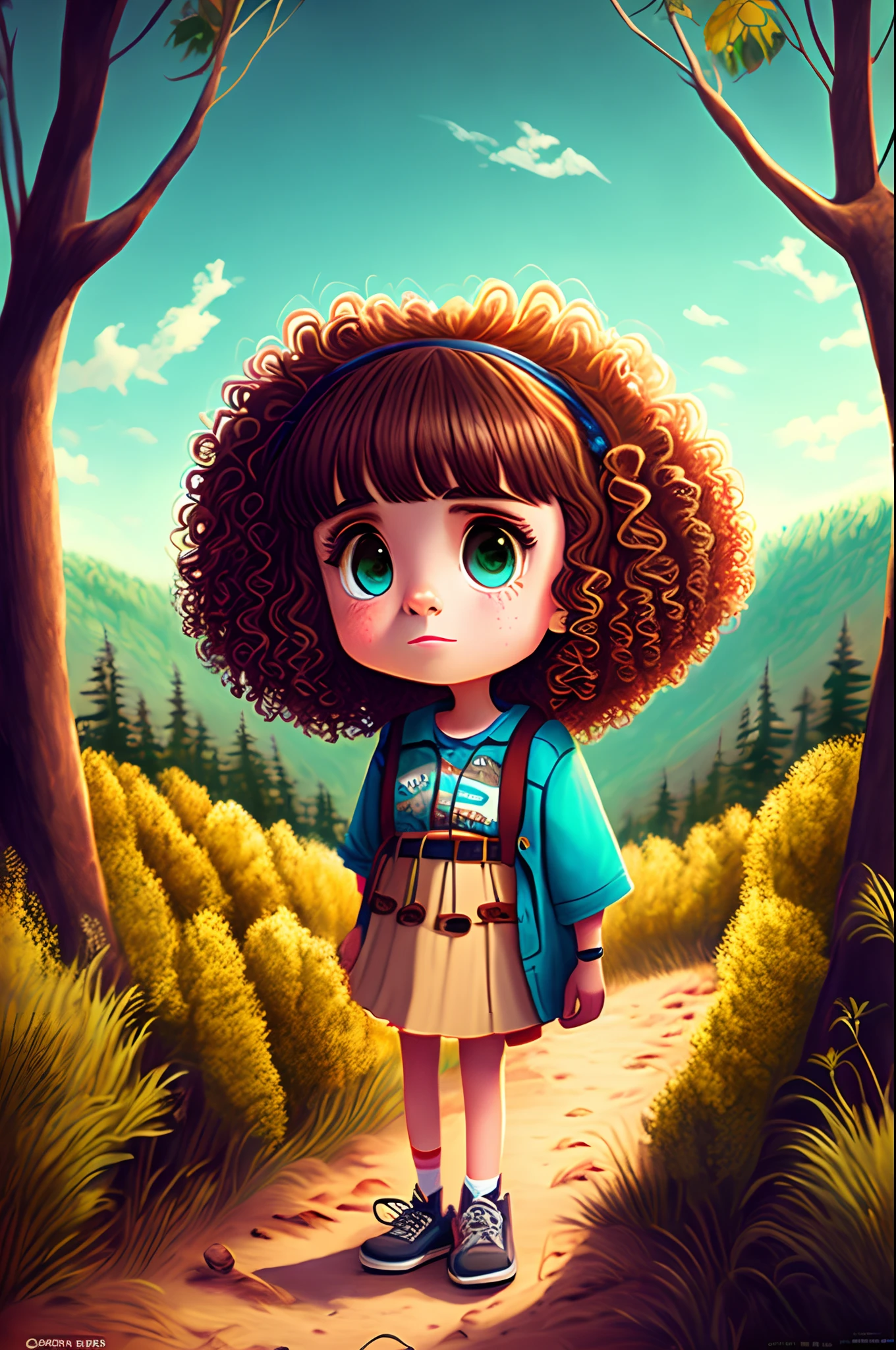 A Disney Pixar-inspired movie poster with title "1 passo para a arte". Girl , tall, medium curly hair with bangs, hazel eyes, with a camera in her hand, forest background. The scene should be in the distinct digital art style of Pixar, with a focus on character expressions, vibrant colors, and detailed textures that are characteristic of th animations, with the title “1 passo para a arte”