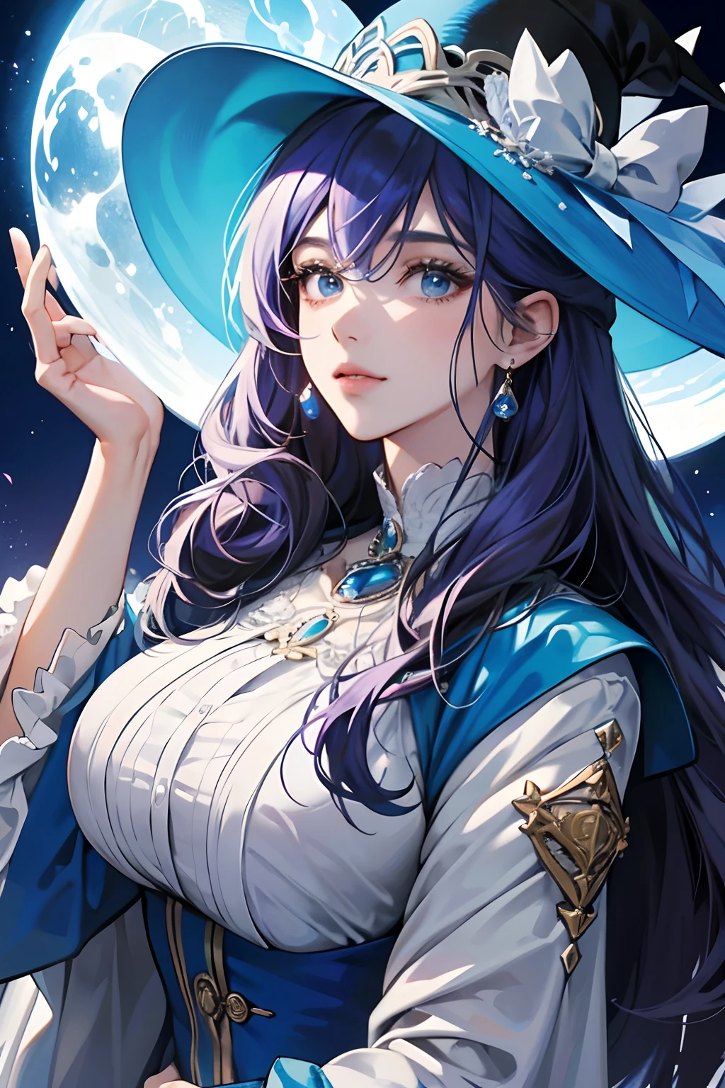 tmasterpiece,alta resolução,((Magic Orb)),Dynamic bust of the beautiful aristocratic maiden,Cabelo castanho castanho elegantemente enrolado,((Wearing a huge blue hat)),roxo olhos claros,The hair is covered with a beautiful and delicate floral craftsmanship, filigrana de joias de cristal,detalhes ultra-detalhados,prolongado