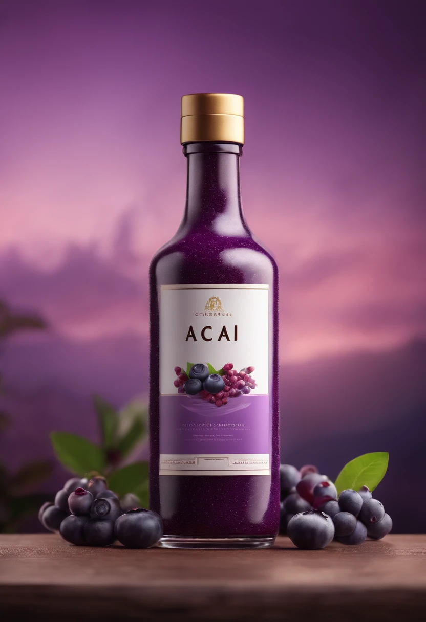 3d style acai bottle with lilac and beautiful background