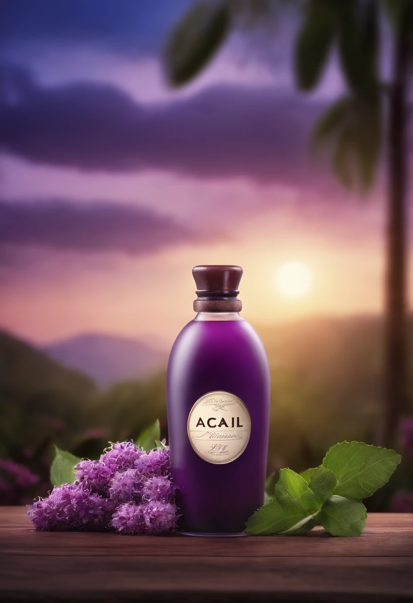 3d style acai bottle with lilac and beautiful background