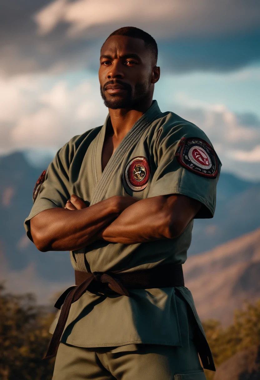 (african american man with arms crossed,combat man in front of a gigantic mountain in the background,hyper-realistic, 8k, detailed, jiu-jitsu kimono)