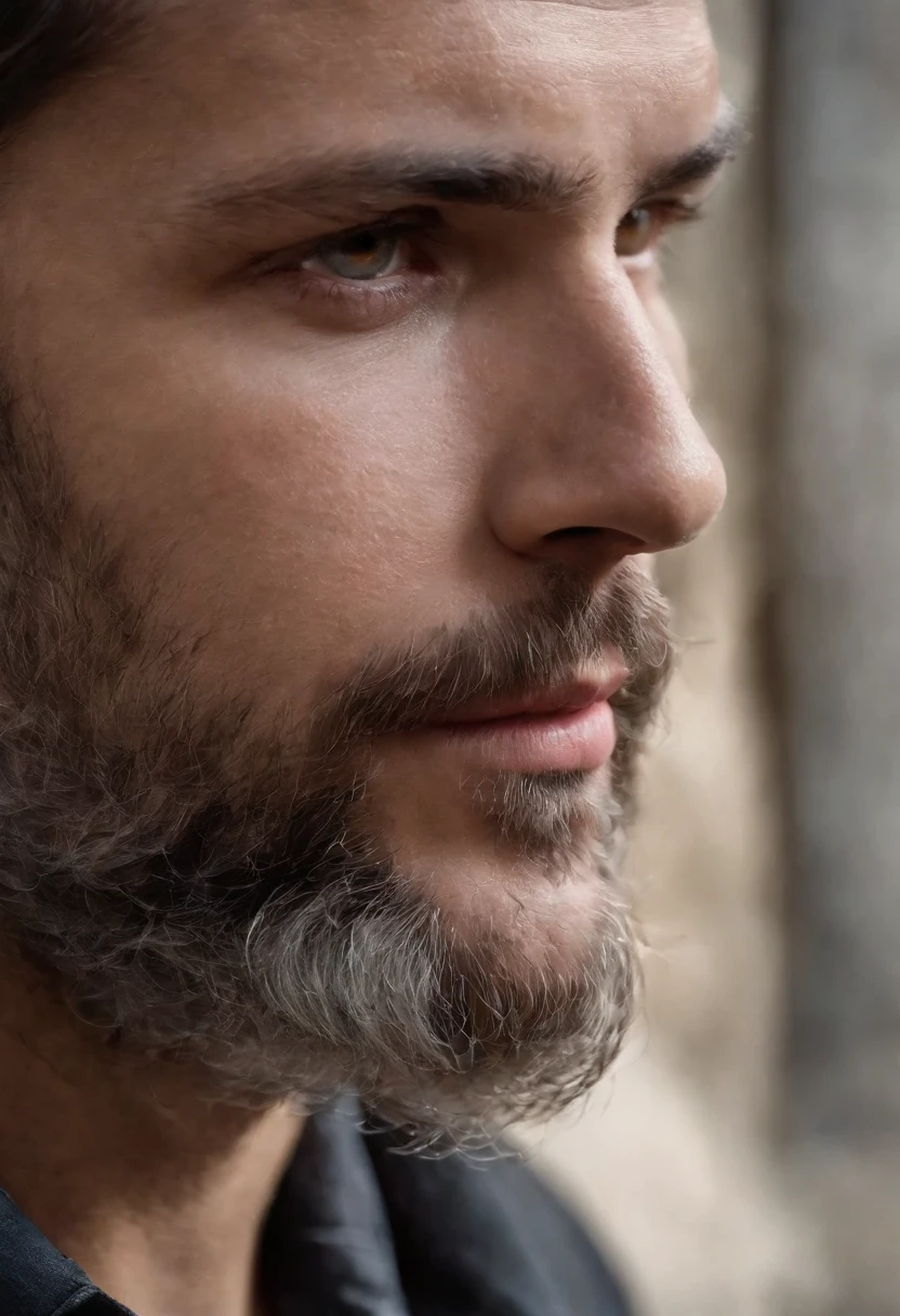 hombre delgado, cabello largo y oscuro hasta los hombros, Ojos hundidos, Barba fina, Ojos negros y ropa gastada, alegre ,plano intermedio