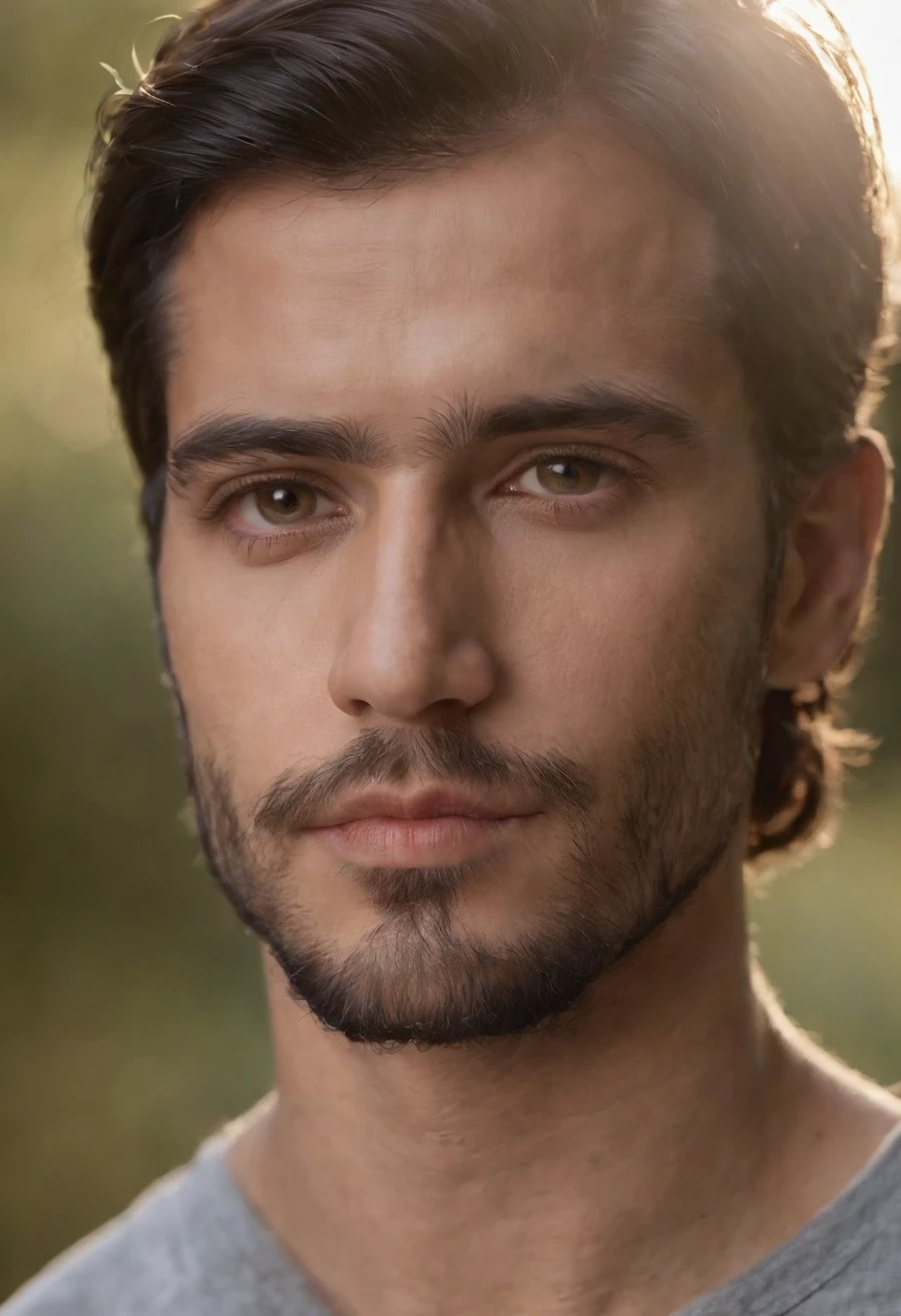 hombre delgado, cabello largo y oscuro hasta los hombros, Ojos hundidos, Barba fina, Ojos negros y ropa gastada, alegre ,plano intermedio