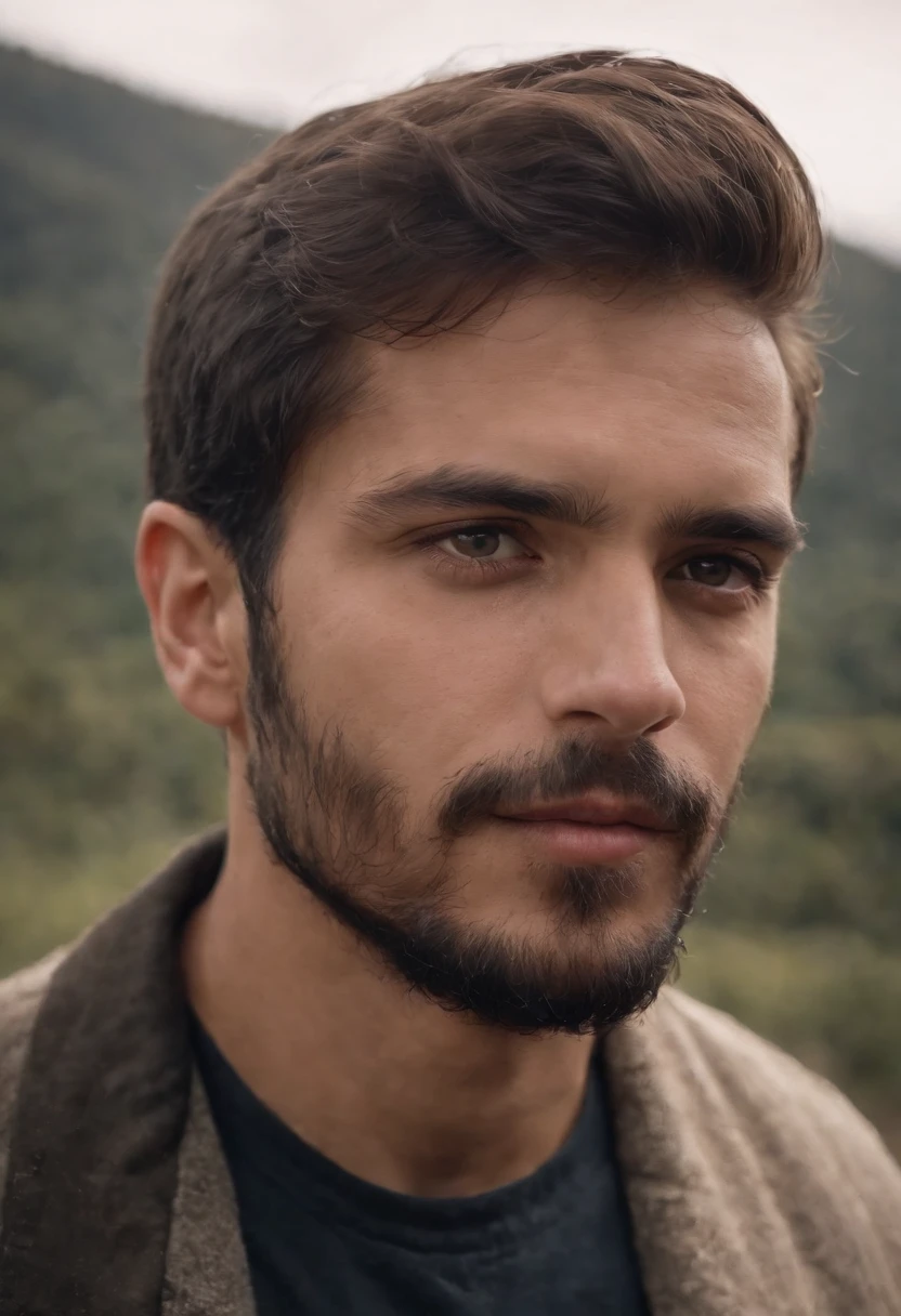 hombre delgado, cabello largo y oscuro hasta los hombros, Ojos hundidos, Barba fina, Ojos negros y ropa gastada, alegre ,plano intermedio