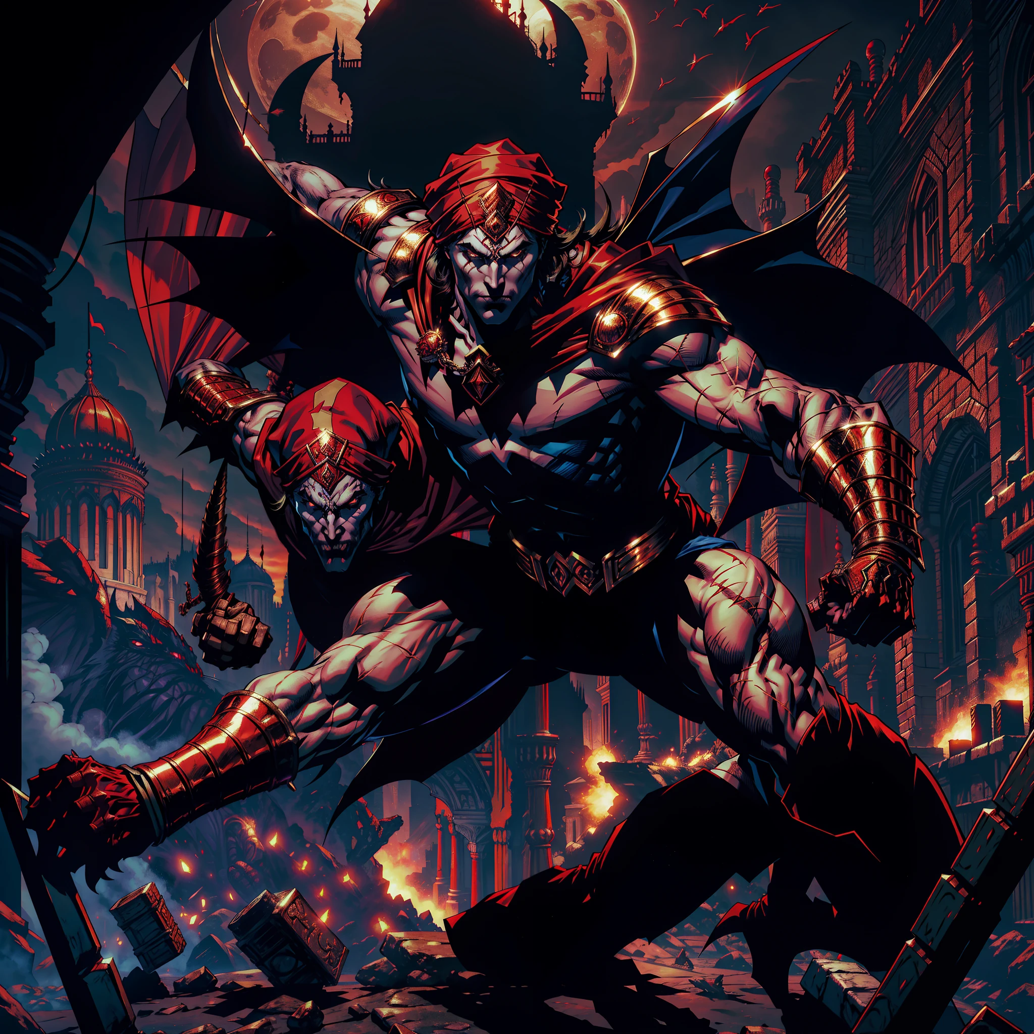 Castlevania Super Realistic Shadow Lord Super Detailed Dynamic Shooter masterpiece of the evil Moroccan lord Dracula with red turban leading troops armed with demons and djinns to fight sharp details