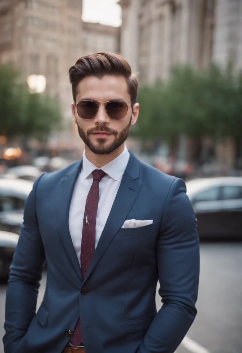 (best quality,highres,ultra-detailed,realistic:1.2),handsome man in a suit,best quality camera focus on his beautiful beard,sexy executive man,wearing a perfectly tailored suit,front-facing camera mode,portrait mode,confident expression,sharp features,professional look,clean-shaven face,groomed hair,sleek appearance,city skyline as the background,vibrant lighting,stylish sunglasses,fashionable tie,business briefcase,confident posture,impressive physique,well-groomed eyebrows,attractive smile,engaging eyes,impressive jawline,dashing charm,modern urban setting,contemporary art style,rich color palette,sharp lines and details.