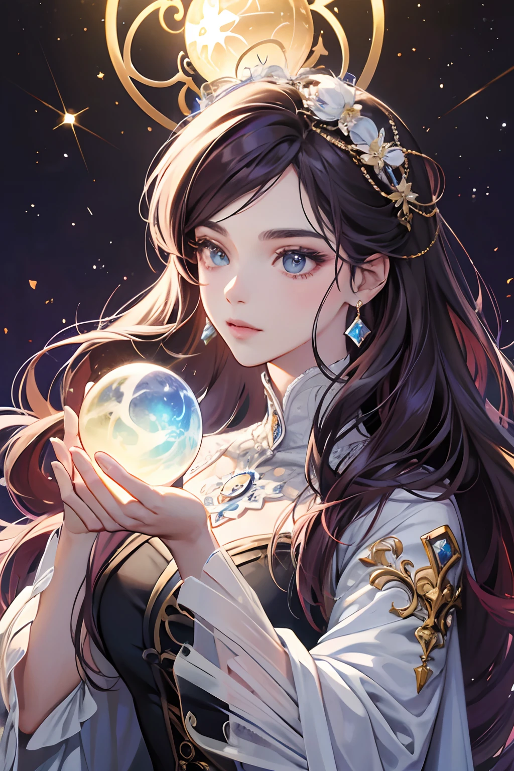 tmasterpiece,alta resolução,((Magic Orb)),Dynamic bust of the beautiful aristocratic maiden,Cabelo castanho castanho elegantemente enrolado,roxo olhos claros,The hair is covered with a beautiful and delicate floral craftsmanship, filigrana de joias de cristal,detalhes ultra-detalhados,prolongado