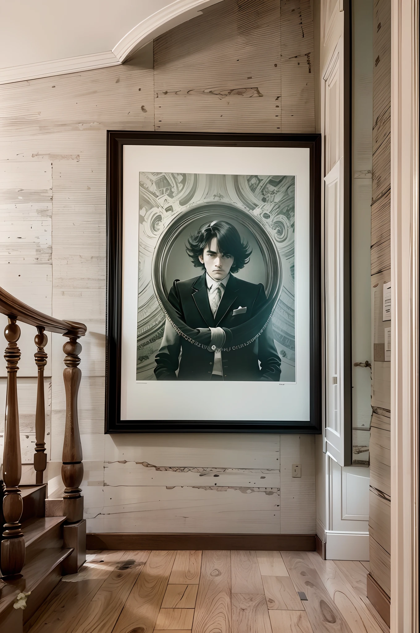 Very large picture with black frame on wall in the background of the hallway of the house --auto --s2