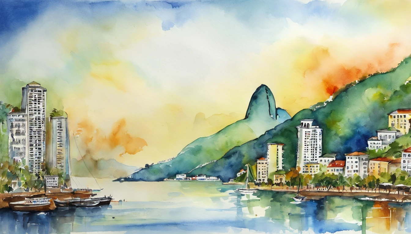 Rio de Janeiro no estilo Elysium Disco, aquarela expressionista. Destaque para o CRISTO REDENTOR, contemporary (Mac), Vista de frente, Fachada, High definition