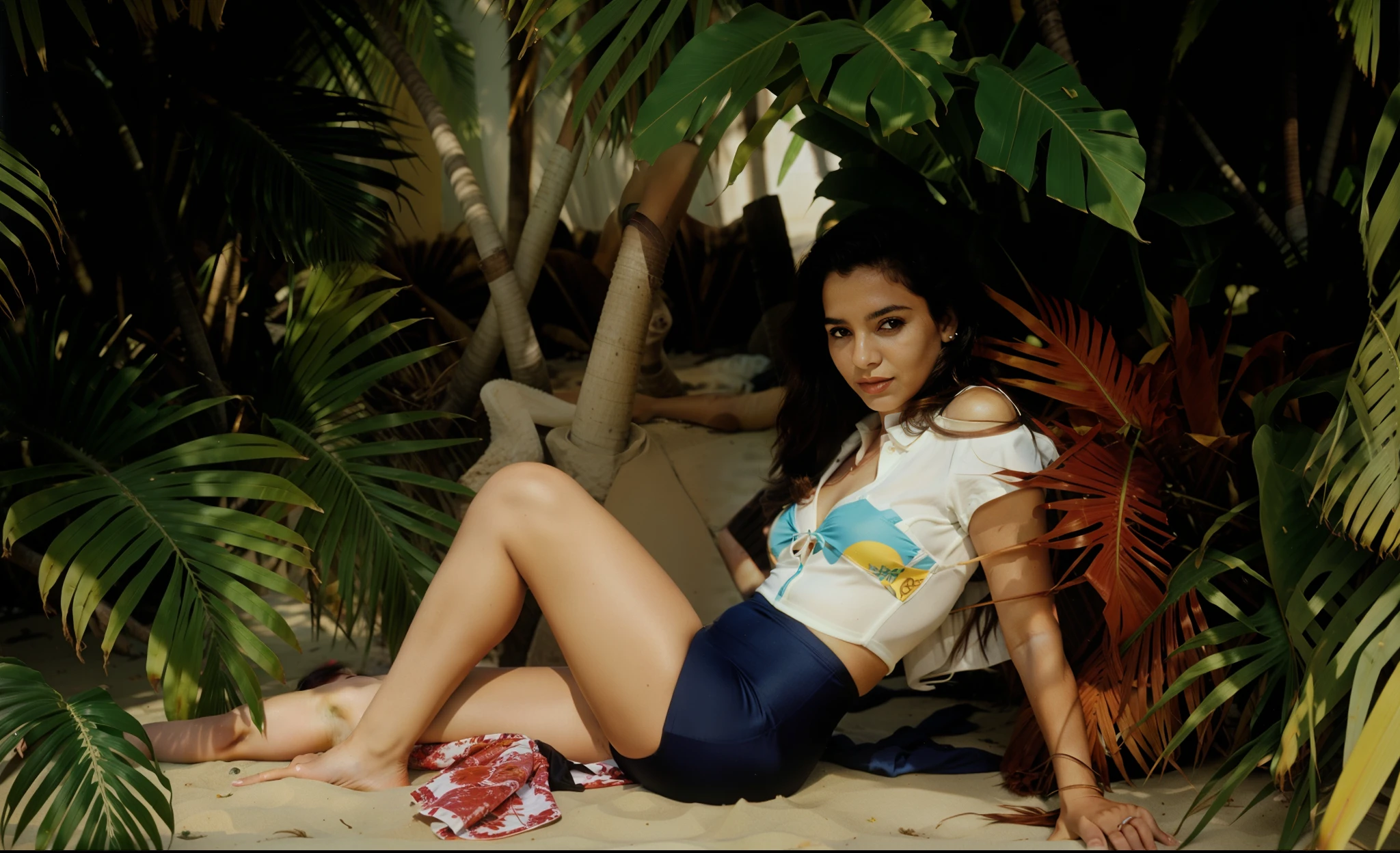 beautiful indian princess, (crop top pulled above breasts ), unbuttoned blue shorts, small breasts, lying on the ground in deserted alley, eyes closed, hands tied with rope behind back, pink socks, full body shot, high res, night, rain, dirt streaks on body, eyes closed, sweaty body, raining