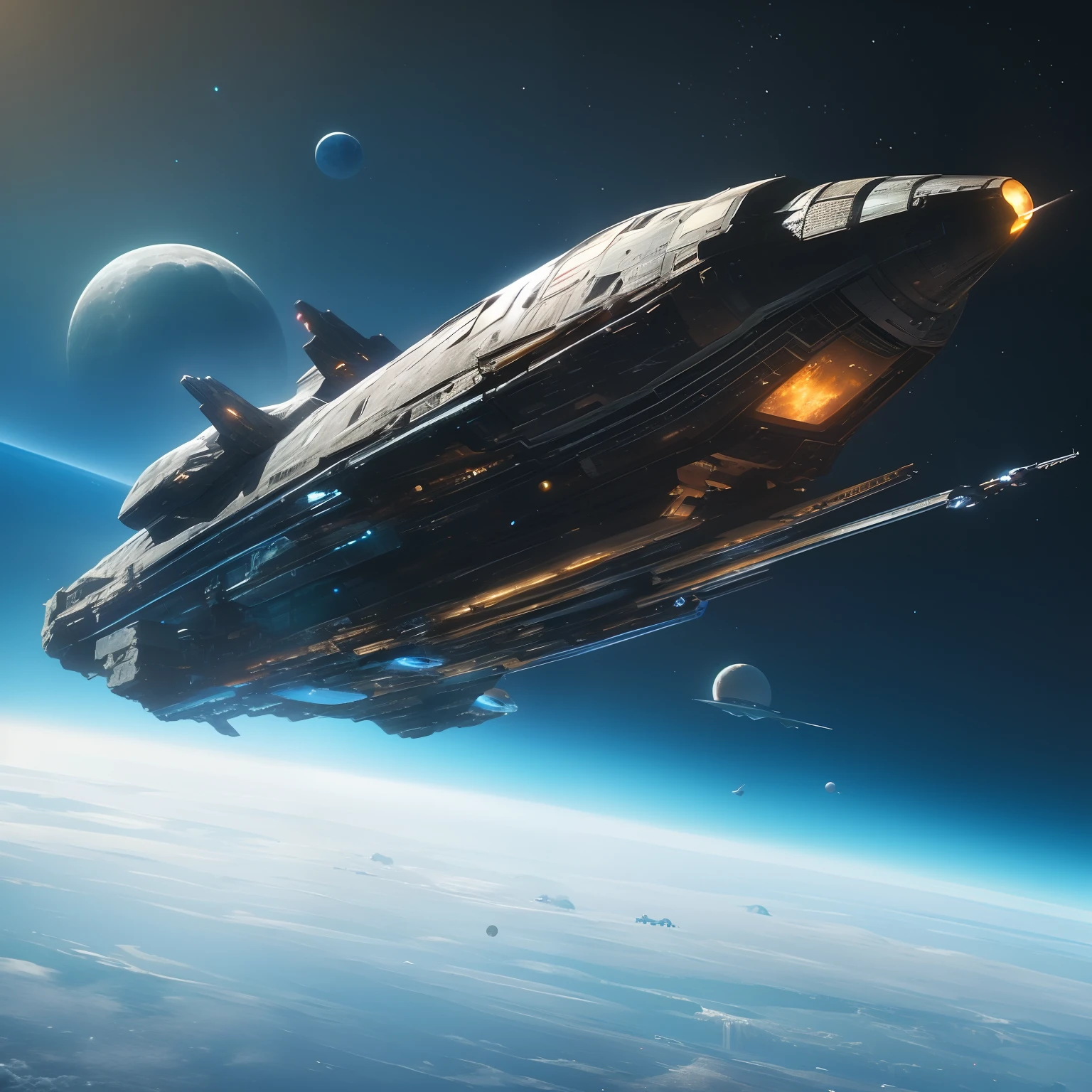 spaceship flying over the earth with a view of the moon, an epic space ship scene, star citizen digital art, space opera and dystopian style, orbiting space ships, scifi spaceship, spaceship flies in the distance, sci-fi fantasy wallpaper, spaceship in space in ruins, space sci - fi, jessica rossier fantasy art, epic beautiful space scifi, spaceships flying around
