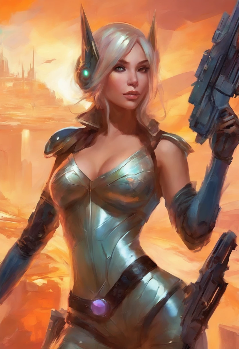 sexy futuristic female bounty hunter, blurred background, latex clothing, cybernetic implants, pretty face