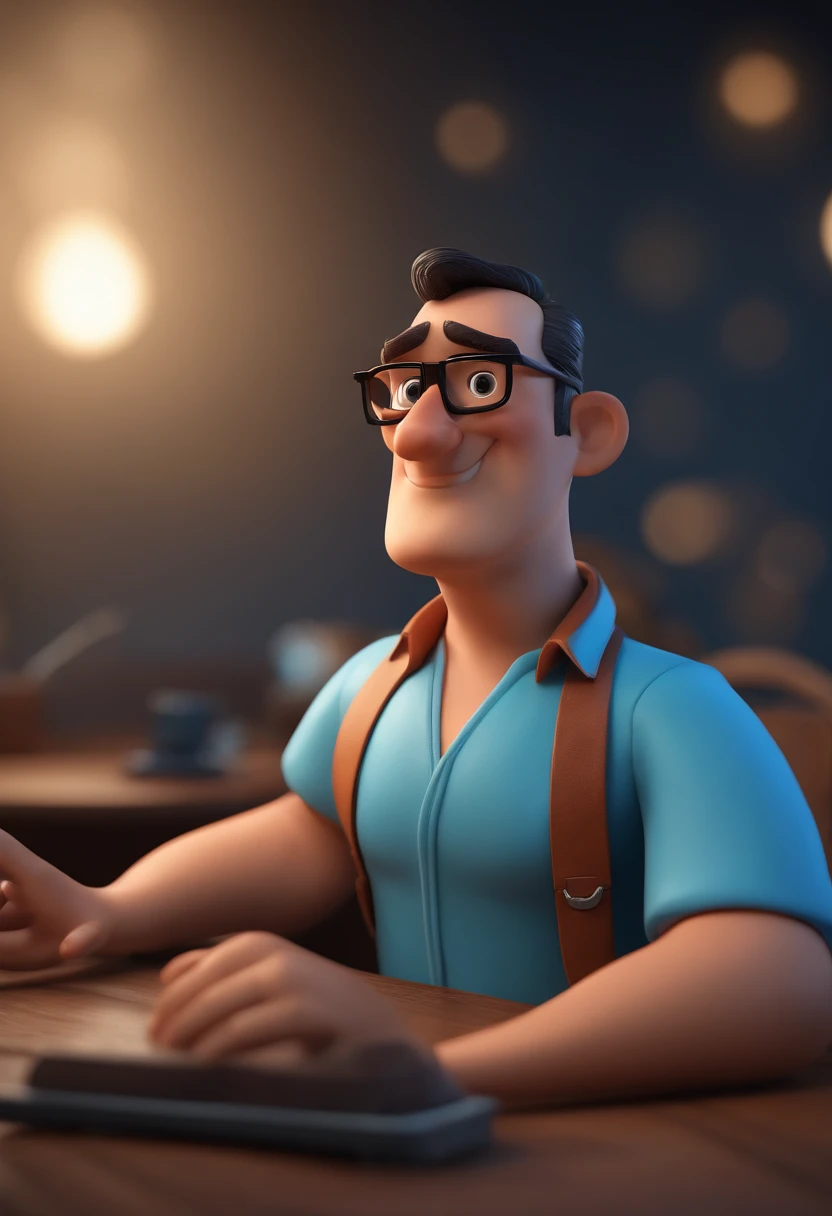 Cartoon character of a man with black glasses and a blue shirt, animation character, Caractere estilizado, animation style rendering, 3D estilizado, Arnold Maya render, 3 d render stylized, toon render keyshot, Personagem 3D, Personagem 3D, 3d rendering stylized, 3 d character render, personagem de desenho animado, Personagem de close up, Pose de personagem,  (Estilo Pixar) (master part:1.2) (Bokeh) (best quality) (pele detalhada) (textura detalhada) (8k) (argila) (Cinematic lighting) (foco nítido