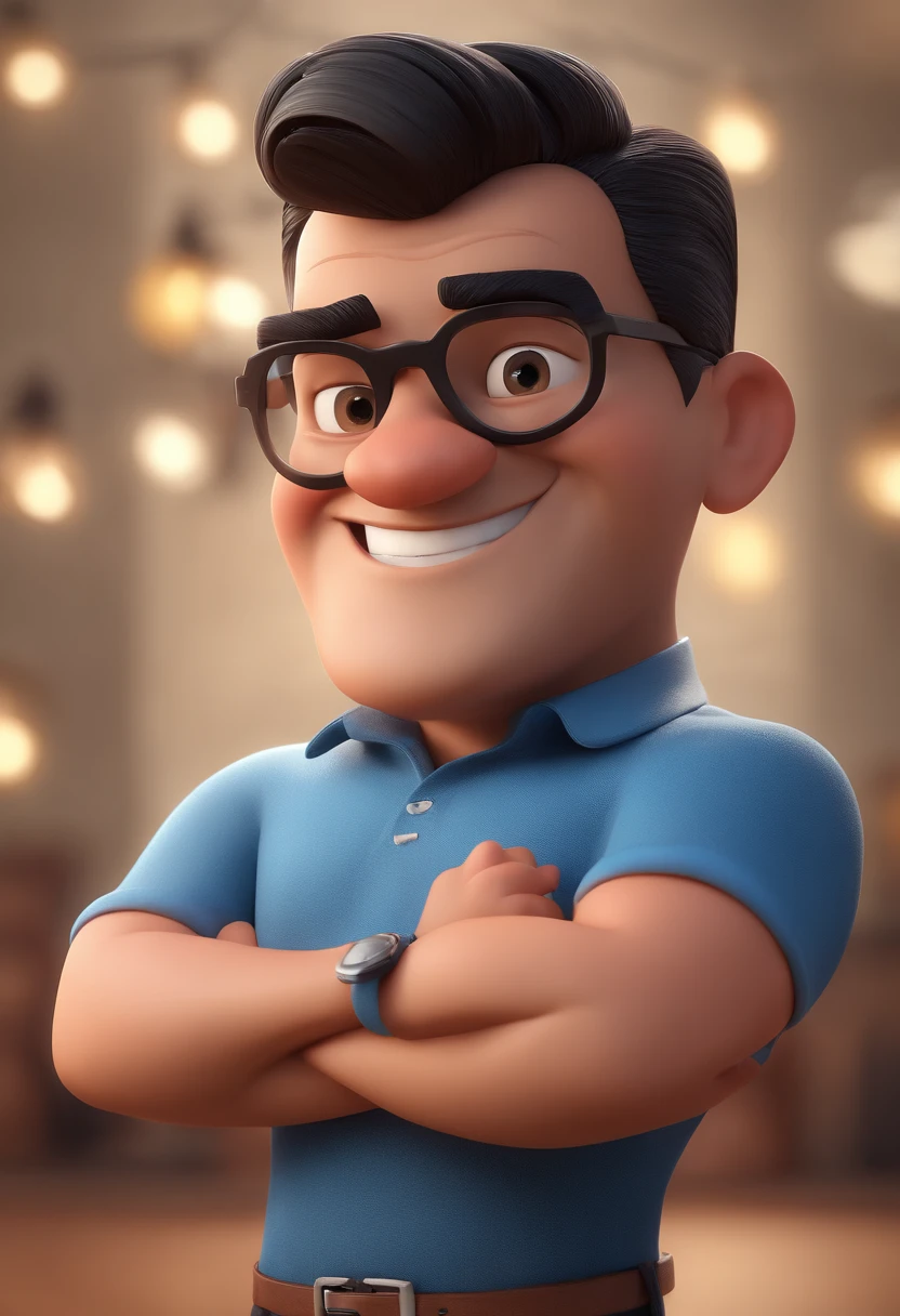 Cartoon character of a man with black glasses and a blue shirt, animation character, Caractere estilizado, animation style rendering, 3D estilizado, Arnold Maya render, 3 d render stylized, toon render keyshot, Personagem 3D, Personagem 3D, 3d rendering stylized, 3 d character render, personagem de desenho animado, Personagem de close up, Pose de personagem,  (Estilo Pixar) (master part:1.2) (Bokeh) (best quality) (pele detalhada) (textura detalhada) (8k) (argila) (Cinematic lighting) (foco nítido