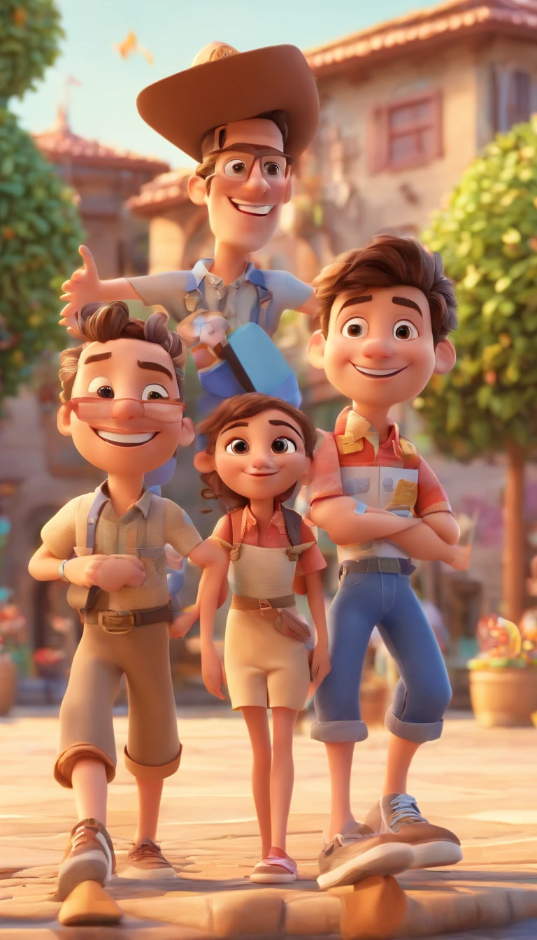 Cartoon of friends having fun on vacation together, 3D Animation Movie Poster, Poster de filme animado, pixar 3 d animation style, pixar renderman rendering, maia 8 mil, animated film, Disney Pixar Estilo 3D, amigos felizes saem juntos, all wearing light blue shirts and cream brown long pants, camisa azul clara, cream brown pants, ao ar livre, vacation, Disney Pixar Animation Poster