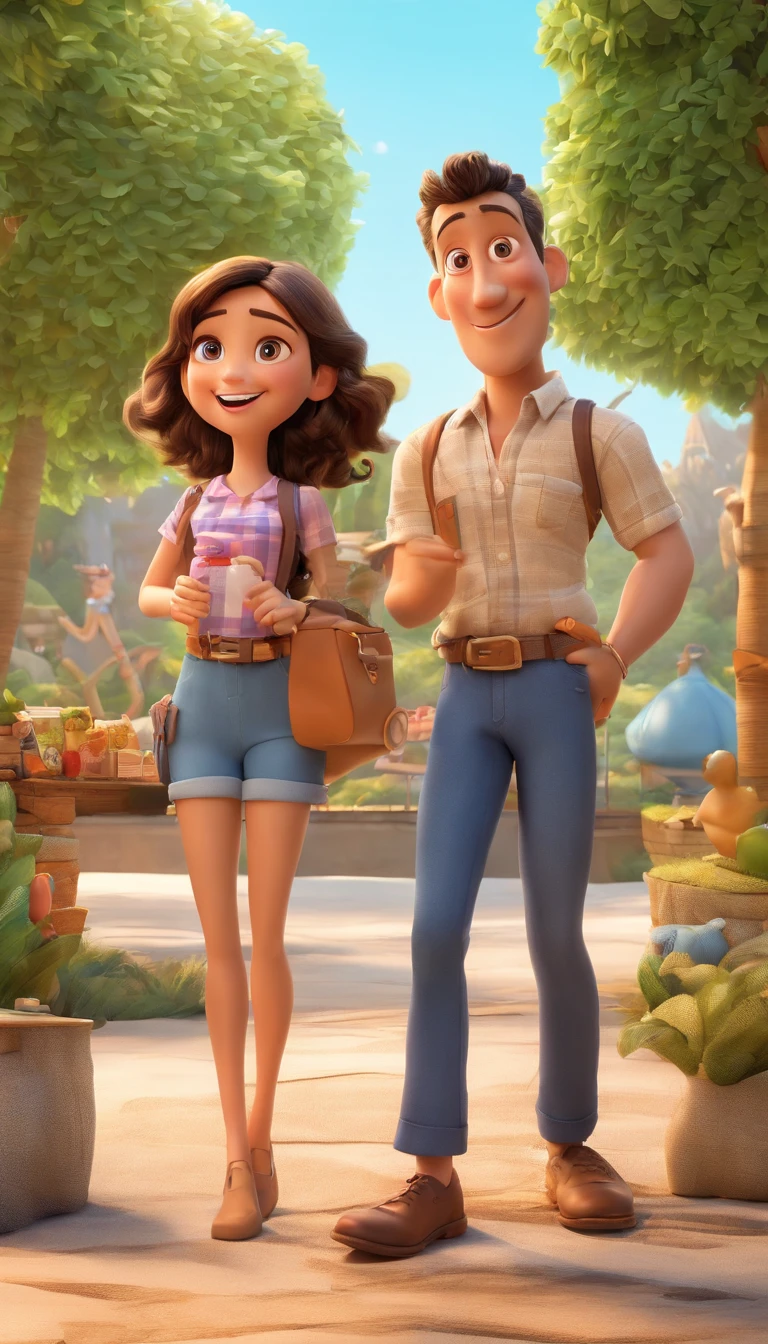 Cartoon of friends having fun on vacation together, 3D Animation Movie Poster, Poster de filme animado, pixar 3 d animation style, pixar renderman rendering, maia 8 mil, animated film, Disney Pixar Estilo 3D, amigos felizes saem juntos, all wearing light blue shirts and cream brown long pants, camisa azul clara, cream brown pants, ao ar livre, vacation, Disney Pixar Animation Poster
