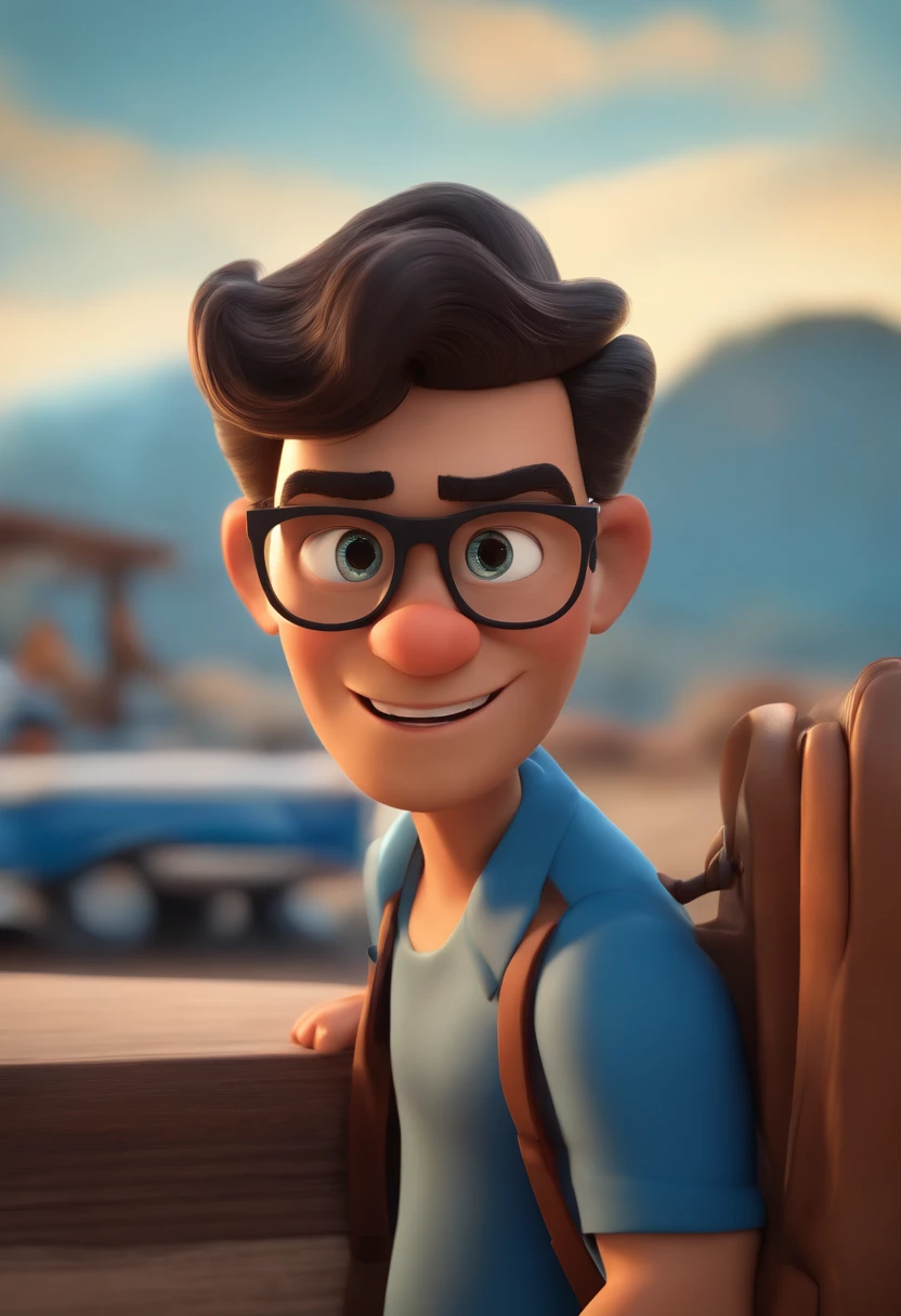 Cartoon character of a man with black glasses, cabelo cacheado marrom escuro e uma camisa azul, animation character, Caractere estilizado, animation style rendering, 3D estilizado, Arnold Maya render, 3 d render stylized, toon render keyshot, Personagem 3D, Personagem 3D, 3d rendering stylized, 3 d character render, personagem de desenho animado, Personagem de close up, Pose de personagem, (Estilo Pixar) (master part:1.2) (Bokeh) (best quality) (pele detalhada) (textura detalhada) (8k) (argila) (Cinematic lighting) (foco nítido