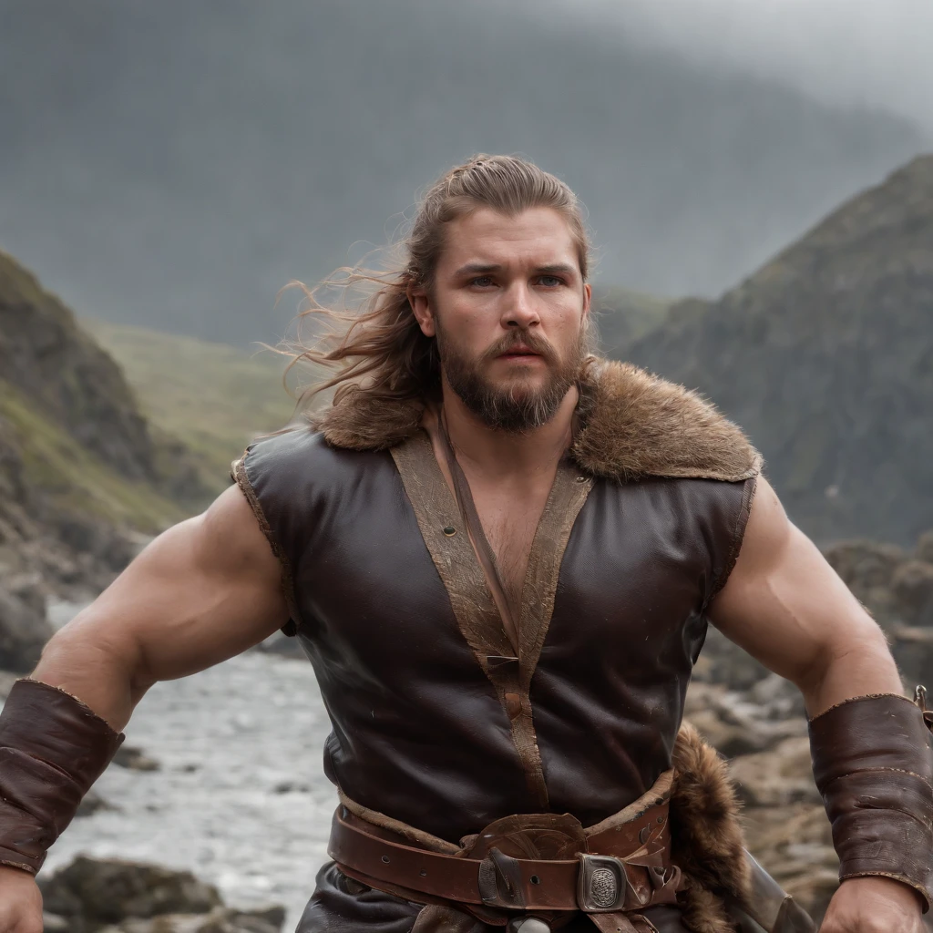 A man with long hair and a beard in a brown leather outfit - SeaArt AI