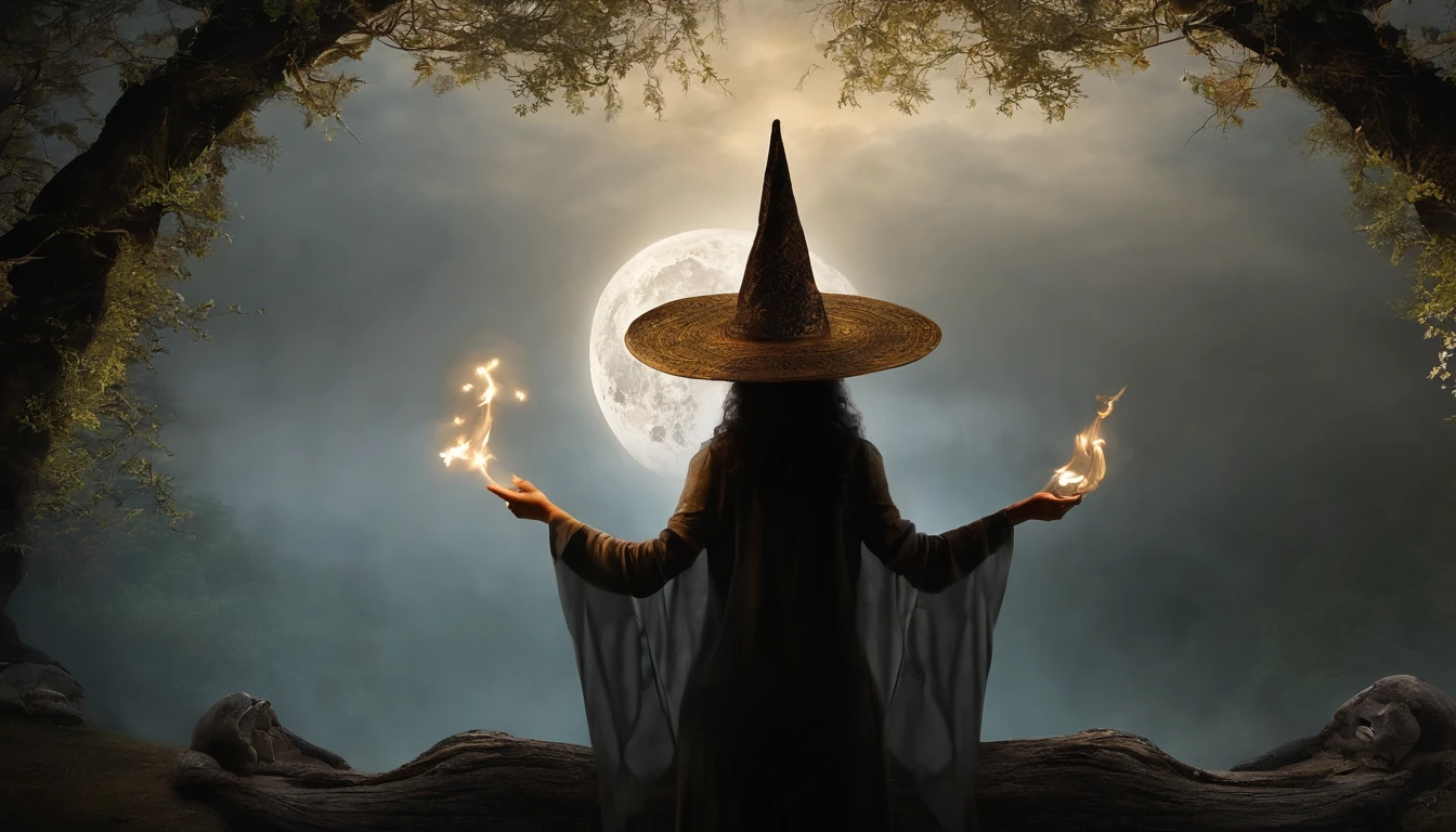 The full moon shone in the night sky, casting a silvery light on the clearing hidden in the forest. No centro da clareira, An old gnarled tree stood majestically, its roots forming a kind of natural altar. Ao redor do altar, velas acesas tremeluziam, creating a mystical and magical atmosphere. Standing before the altar was the witch, dressed in a long black robe adorned with arcane symbols. His wrinkled face displayed an expression of deep concentration as he held a dark wooden wand in one hand and an ancient spell book in the other. On the top of the witch's head, A pointed conical hat stood out. Feito de um tecido escuro e bordado com fios dourados, The hat seemed to pulsate with an energy of its own. Runic symbols were inscribed around the edge, Gleaming as the witch began to chant ancient and mysterious words. Enquanto as palavras ecoavam pela clareira, The hat began to slowly rotate over the witch's head, creating a swirl of magical energy around you. Sparks of green and blue light danced around her, forming intricate patterns in the air. Com um gesto preciso da varinha, a (bruxa )direcionou a energia para o centro do altar, onde uma chama verde-azulada surgiu, dancing and flickering in response to your command. The spell was in full force, And the witch kept her concentration, Masterfully Controlling Magical Forces. Assim, naquela noite de lua cheia, The witch cast a powerful spell, Harmonizing the energy of nature with your own ancient magic, all under the watch of his trusty and enigmatic hat.