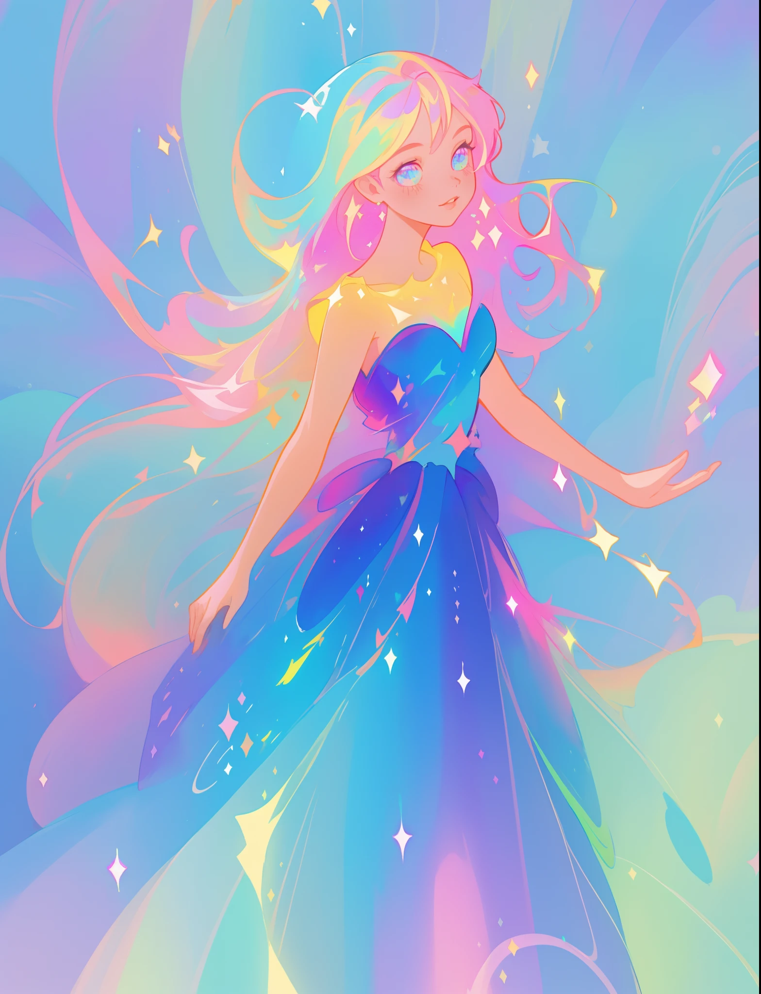 beautiful anime girl in colorful rainbow ballgown, ((sparkling)), vibrant pastel colors, (colorful), magical lights, flowing colorful hair, inspired by Glen Keane, inspired by Lois van Baarle, disney art style, by Lois van Baarle, glowing aura around her, by Glen Keane, jen bartel, glowing lights! digital painting, flowing glowing hair, glowing flowing hair, beautiful digital illustration, fantasia background, whimsical, magical, fantasy, beautiful face, ((masterpiece, best quality)), intricate details, highly detailed, sharp focus, 8k resolution, sparkling detailed eyes, liquid watercolor