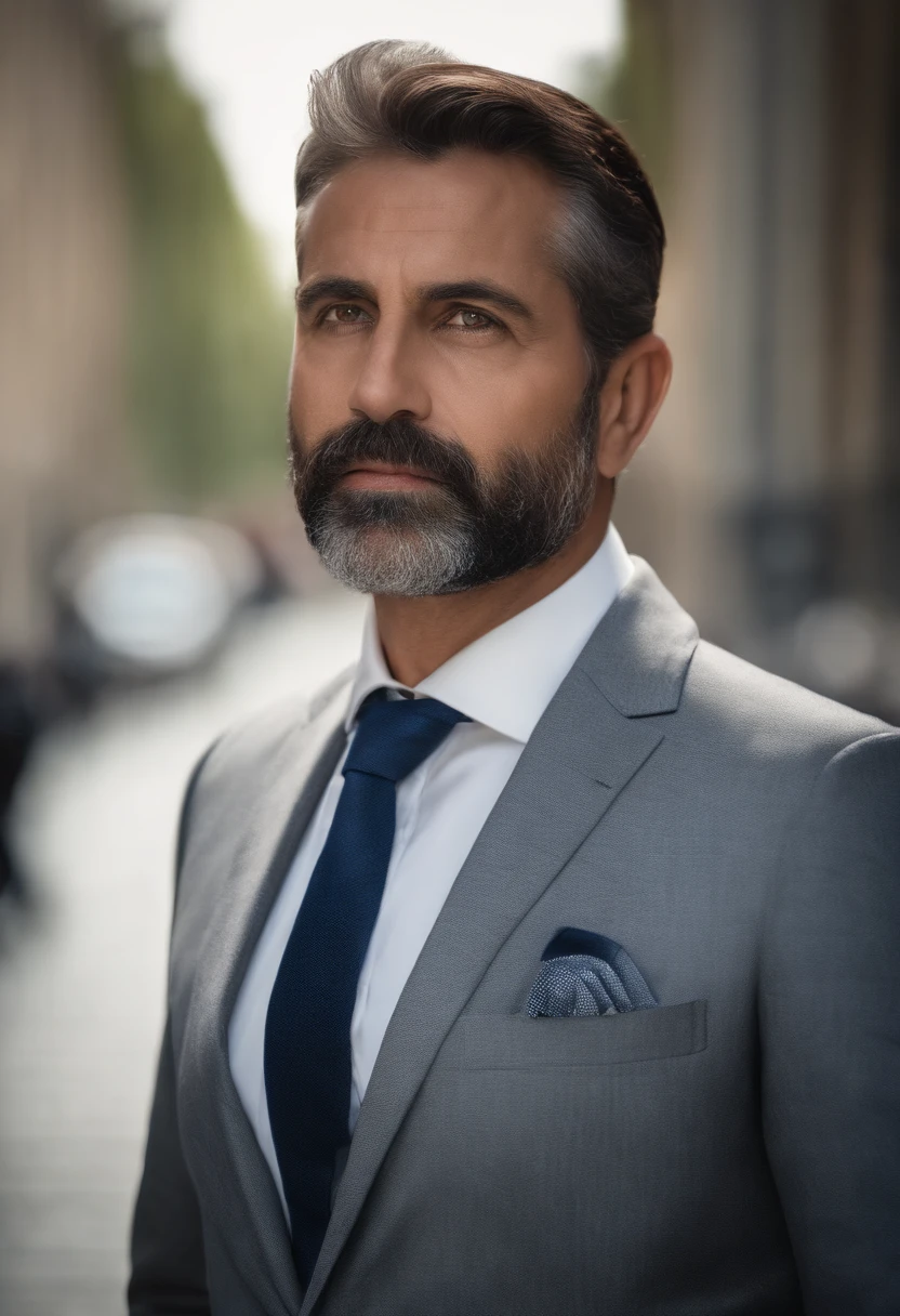 Realistic portrait of middle-aged business professional, 110 libras de peso, profissionalmente vestido com terno e gravata, alta qualidade, highest resolution, straighter appearance, profissional, belos olhos detalhados ligeiramente acastanhados, beautiful detailed lips, barba curta, cabelos curtos grisalhos;, kind expression, sorriso quente, olhar diferenciado, Equal Illumination, cores suaves, Medium Canvas, textura ultra-detalhada,master part:1.2