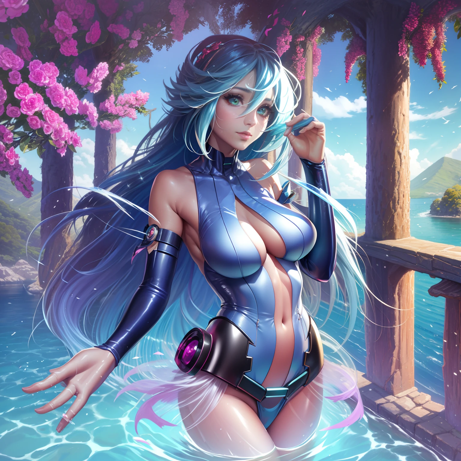 Arte Oficial、obra maestra、Modelado extremadamente delicado、highest qualityr、Fotorrealista、Imagen 8k、HiQuality、Mujer parecida a una diosa parada en la superficie del agua、fantasy、Ondas en la superficie del agua、Estilo perfecto、Vista trasera nudista、Artistically & Craftsmanship