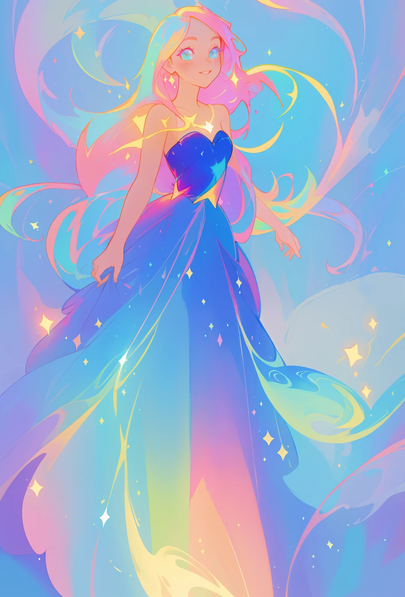beautiful anime girl in colorful rainbow ballgown, ((sparkling)), vibrant pastel colors, (colorful), magical lights, flowing colorful hair, inspired by Glen Keane, inspired by Lois van Baarle, disney art style, by Lois van Baarle, glowing aura around her, by Glen Keane, jen bartel, glowing lights! digital painting, flowing glowing hair, glowing flowing hair, beautiful digital illustration, fantasia background, whimsical, magical, fantasy, beautiful face, ((masterpiece, best quality)), intricate details, highly detailed, sharp focus, 8k resolution, sparkling detailed eyes, liquid watercolor