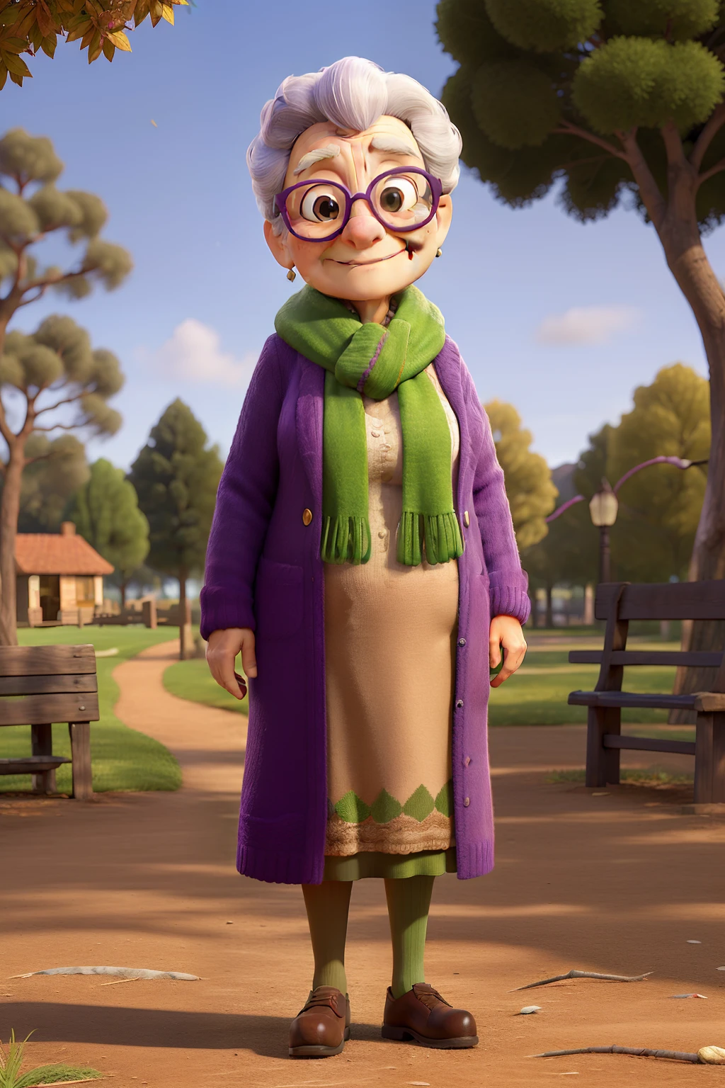 Obra-prima, de melhor qualidade, an elderly woman in glasses and a scarf, wearing a purple coat and green scarf, Standing in the park,de guarda chuvas