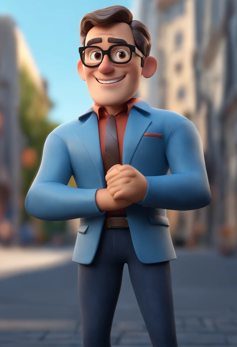 Cartoon character of a man wearing black glasses and a blue shirt, um personagem animado, Caractere estilizado, animation style rendering, 3D estilizado, Arnold Maya render, 3 d render stylized, toon render keyshot, Personagem 3D, Personagem 3D, 3d rendering stylized, 3 d character render, personagem de desenho animado, Personagem de close up, Pose de personagem, (Estilo Pixar) (master part:1.2) (Bokeh) (best quality) (pele detalhada) (textura detalhada) (8k) (argila) (Cinematic lighting) (foco nítido,Senta e vaza a parte superior do corpo