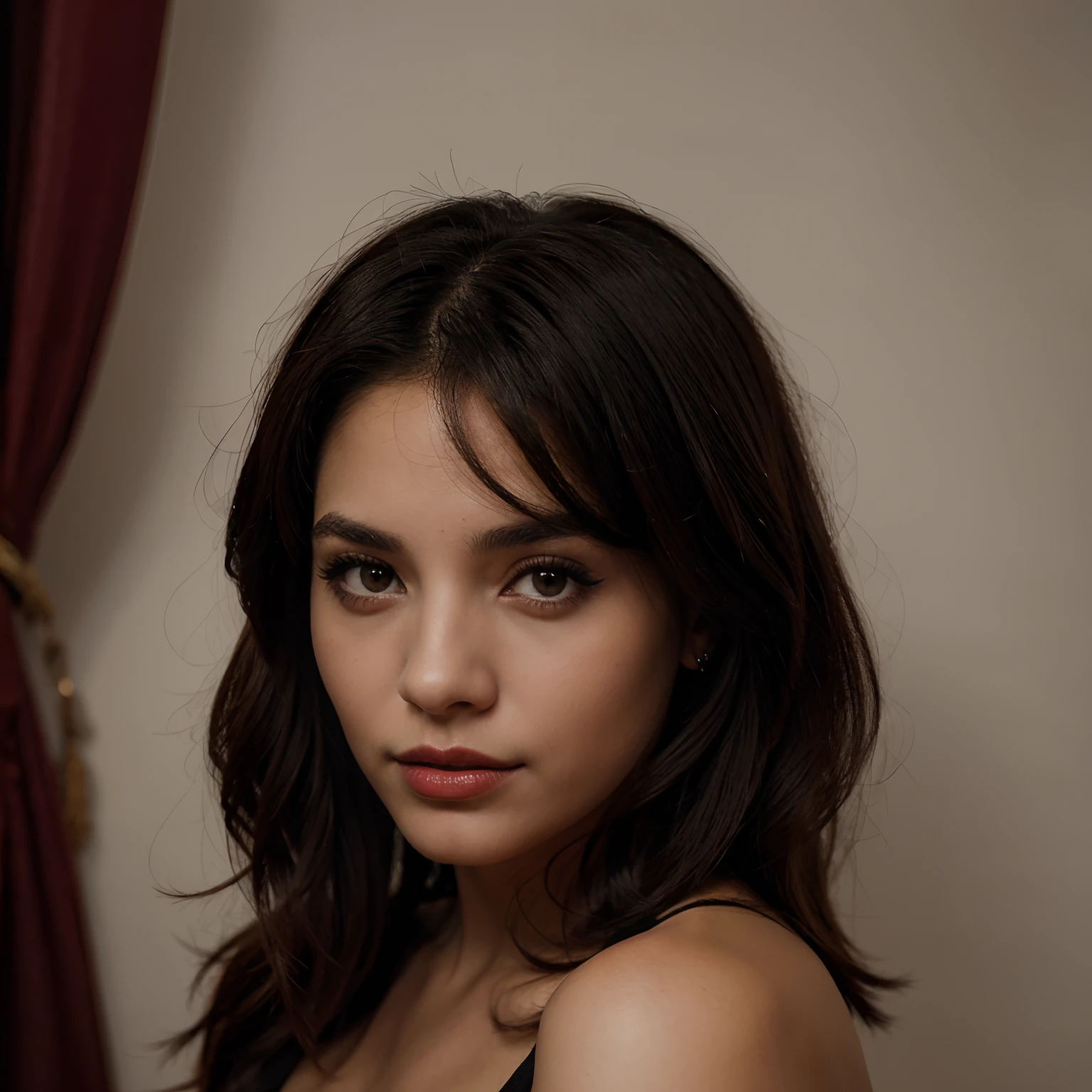 Retrato de una hermosa mujer con negro y labios rojos con fondo negro Mirando de frente