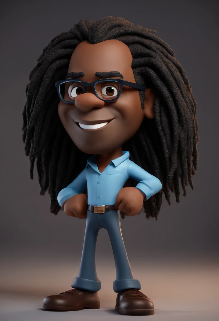 Cartoon character of a middle-aged black man with long hair dreadlocks and pinned behind with black glasses and a blue shirt, animation character, Caractere estilizado, animation style rendering, 3D estilizado, Arnold Maya render, 3 d render stylized, toon render keyshot, Personagem 3D, Personagem 3D, 3d rendering stylized, 3 d character render, personagem de desenho animado, Personagem de close up, Pose de personagem, (Estilo Pixar) (master part:1.2) (Bokeh) (best quality) (pele negra detalhada) (textura detalhada) (8k) (argila) (Cinematic lighting) (foco nítido