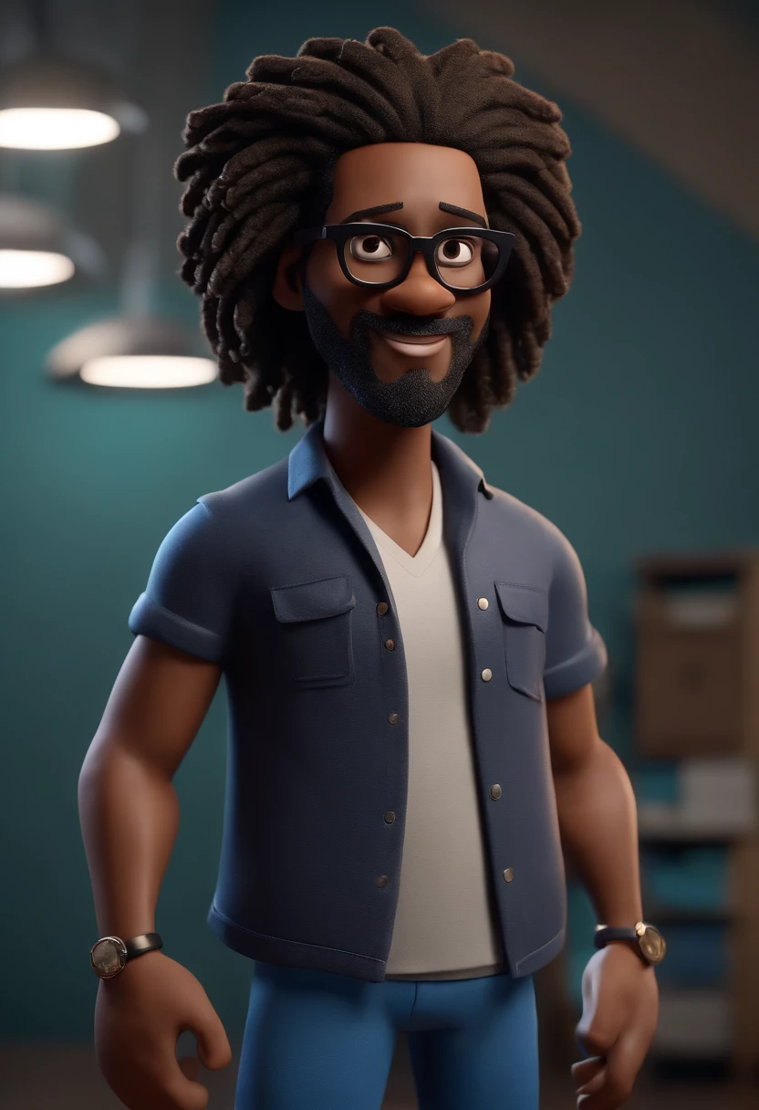 Cartoon character of a middle-aged black man with long hair dreadlocks and pinned behind with black glasses and a blue shirt, animation character, Caractere estilizado, animation style rendering, 3D estilizado, Arnold Maya render, 3 d render stylized, toon render keyshot, Personagem 3D, Personagem 3D, 3d rendering stylized, 3 d character render, personagem de desenho animado, Personagem de close up, Pose de personagem, (Estilo Pixar) (master part:1.2) (Bokeh) (best quality) (pele negra detalhada) (textura detalhada) (8k) (argila) (Cinematic lighting) (foco nítido