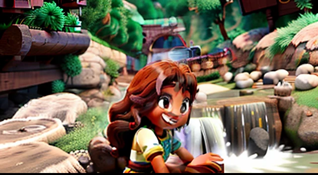 Uma mulher morena sorrindo, com cabelo comprido amarrado, ao fundo uma cachoeira