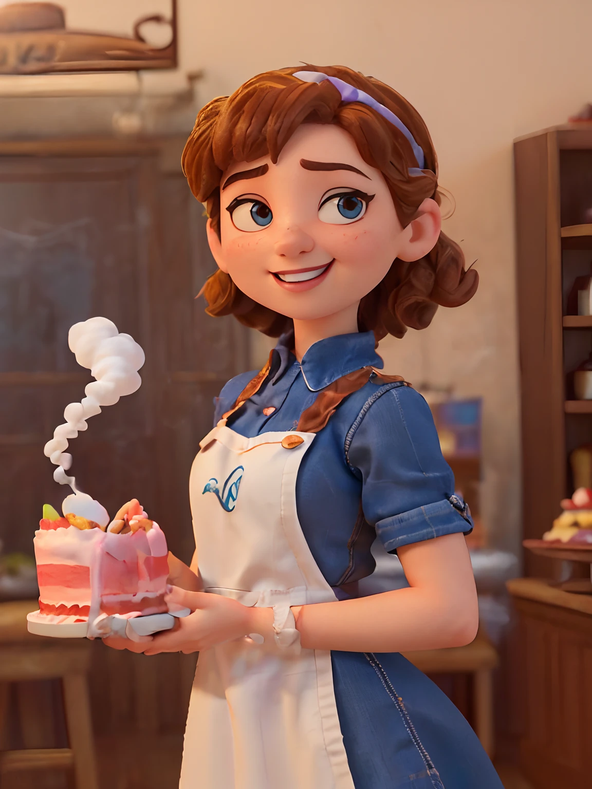 (Pixar-style poster of a cute girl seen from the front in a white chef's uniform, Smiling and showing a decorated medium cake. playful face, (com cabelos castanhos cacheados, pele jovem e delicada, queixo pequeno, queixo curto. expression of laughter, exaggerated expression , （Perfect Correct Hand） ，（Smoke gas: 1.37） Cinematic background of the interior of a confectionery shop, Fotos de alta qualidade, 3D Studio Photos, (lots of smoke: 1.2), fotografia em close-up, Traces clear facial features, arte conceitual do personagem, exagero,