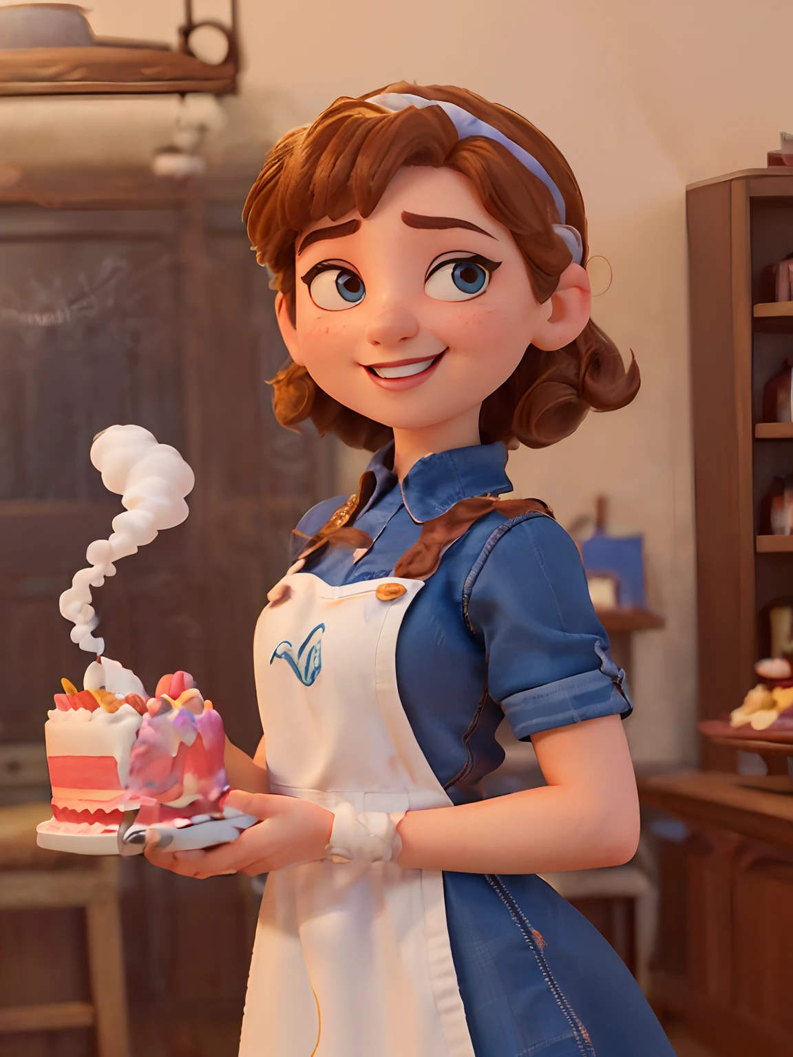 (Pixar-style poster of a cute girl seen from the front in a white chef's uniform, Smiling and showing a decorated medium cake. playful face, (com cabelos castanhos cacheados, pele jovem e delicada, queixo pequeno, queixo curto. expression of laughter, exaggerated expression , （Perfect Correct Hand） ，（Smoke gas: 1.37） Cinematic background of the interior of a confectionery shop, Fotos de alta qualidade, 3D Studio Photos, (lots of smoke: 1.2), fotografia em close-up, Traces clear facial features, arte conceitual do personagem, exagero,