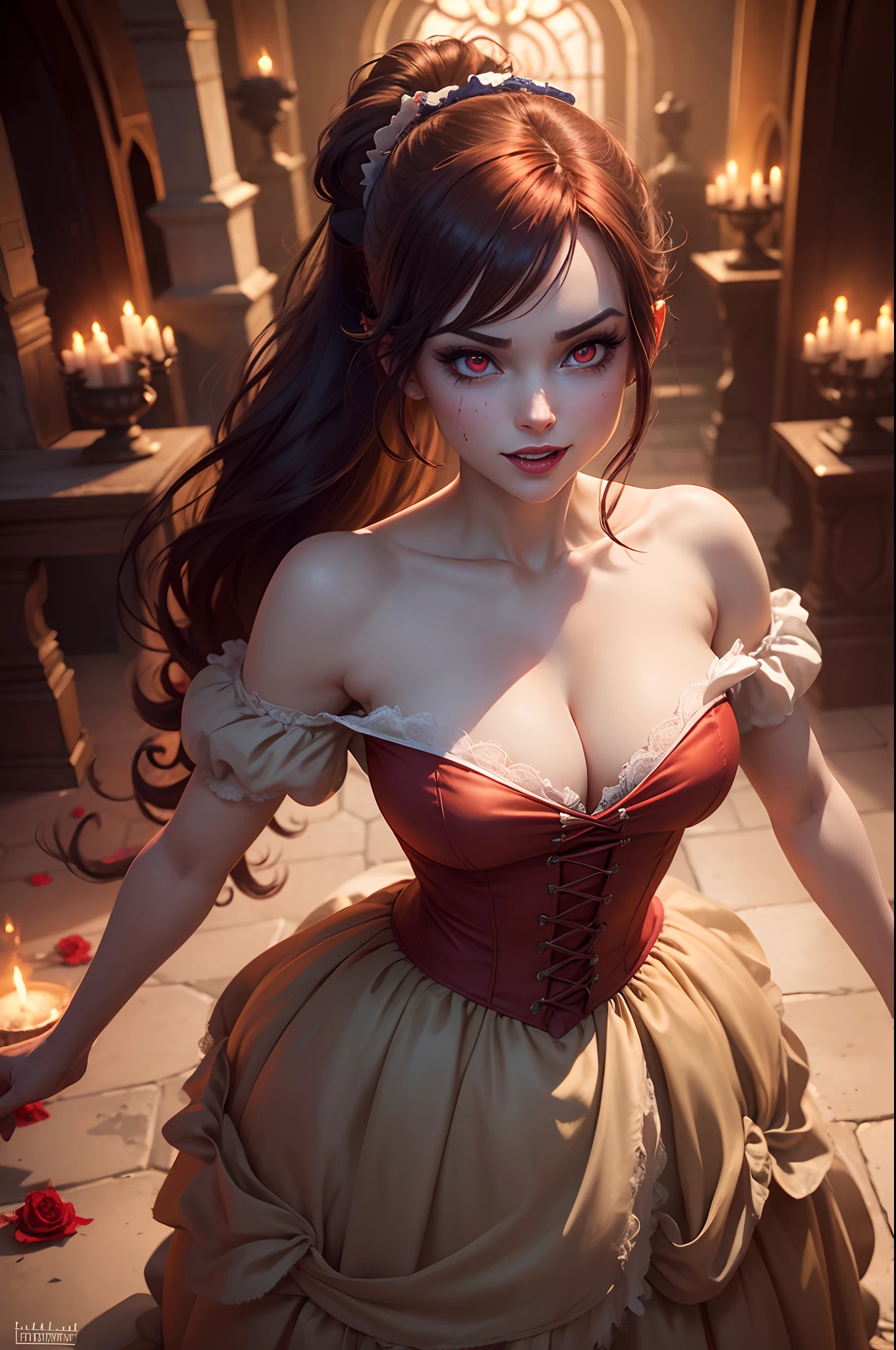a zombie Belle of Beauty and the beast Disney animation , Belle the Disney princess from beauty and the beast animated movie, creepy and beautiful zombie Belle, big boobs, sexy look, pale skin on zombie, evil and sexy looks at the same time, mixed of evil and beautiful red eyes, brown hair, ponytail hair, perfect body shape, Belle dressed party yellow-orange dress from Disney animation with bared shoulder inspired from the beauty and the beast animated movie 1991, evil smile with vampire fangs, (smirks:1.2), ((in big room castle of the beast burning in fire with dead roses )), cinematic, insane details, "the Zombie Beast in the background", intricate details, hyperdetailed, neon colors ((hdr)), ((vignette))