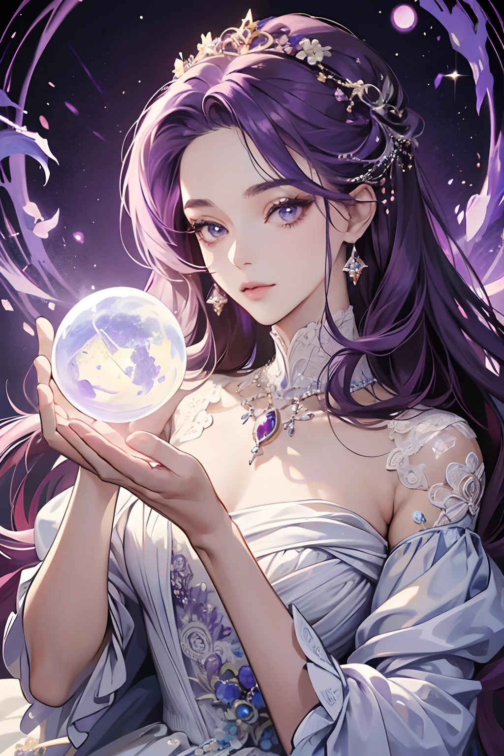 tmasterpiece，alta resolução，((Magic Orb))，Dynamic bust of the beautiful aristocratic maiden，Purple hair elegantly curled，roxo olhos claros，The hair is covered with a beautiful and delicate floral craftsmanship, filigrana de joias de cristal，detalhes ultra-detalhados，prolongado, White dress, Magic light