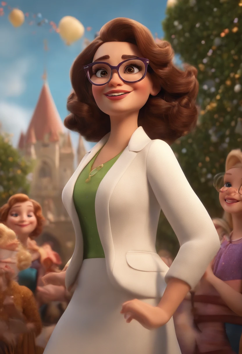 "(best quality,ultra-detalhado,Realistic:1.37),3D rendering,illustration,design de personagens,cabelos curtos e cacheados escuros,belos olhos detalhados,wearing white glasses,Estilo Pixar,morena mulher,Dancing on the Disney stage,atmosfera animada,vivid colors,luzes de palco,expression joyful"